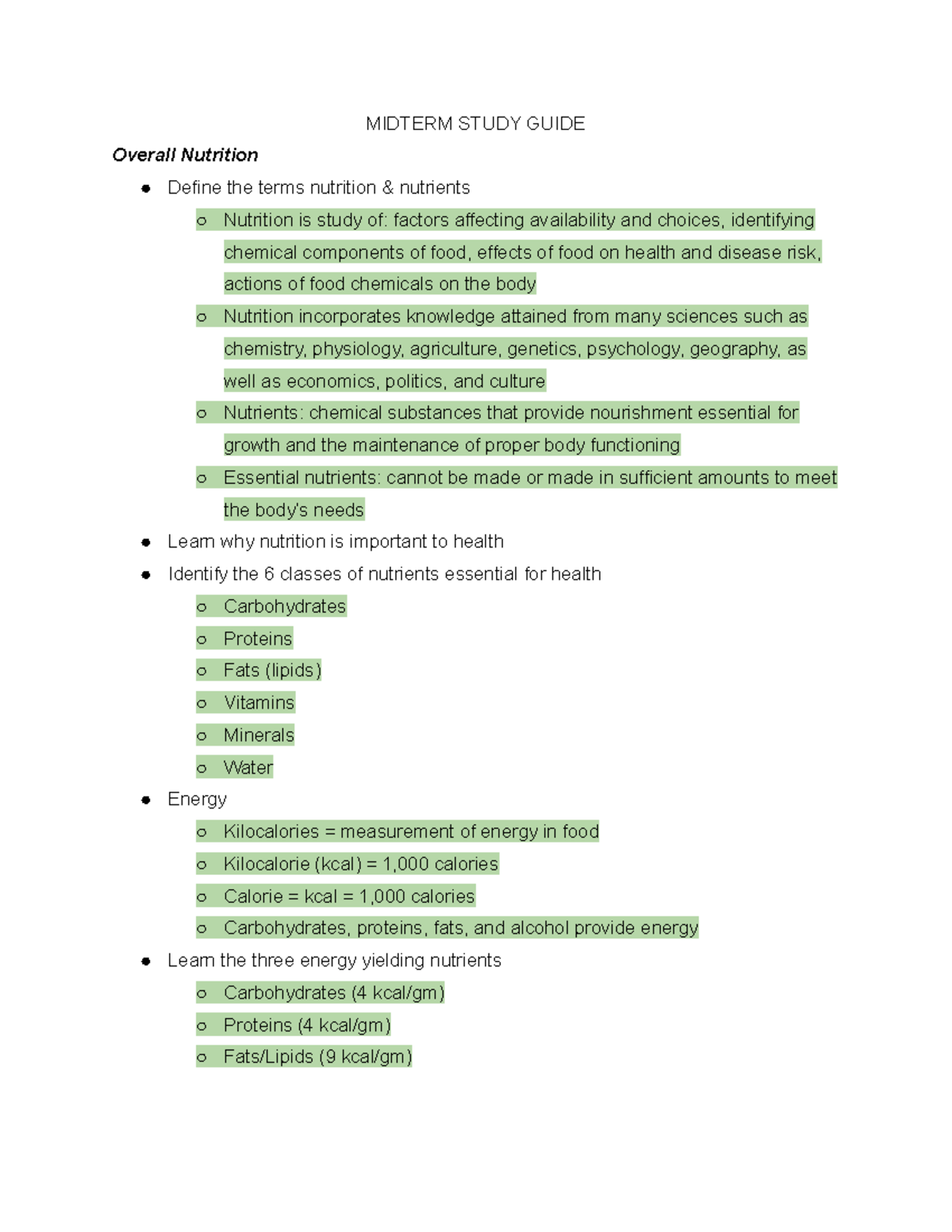 NUFD 112 Midterm Study Guide: Key Concepts in Nutrition - Studocu
