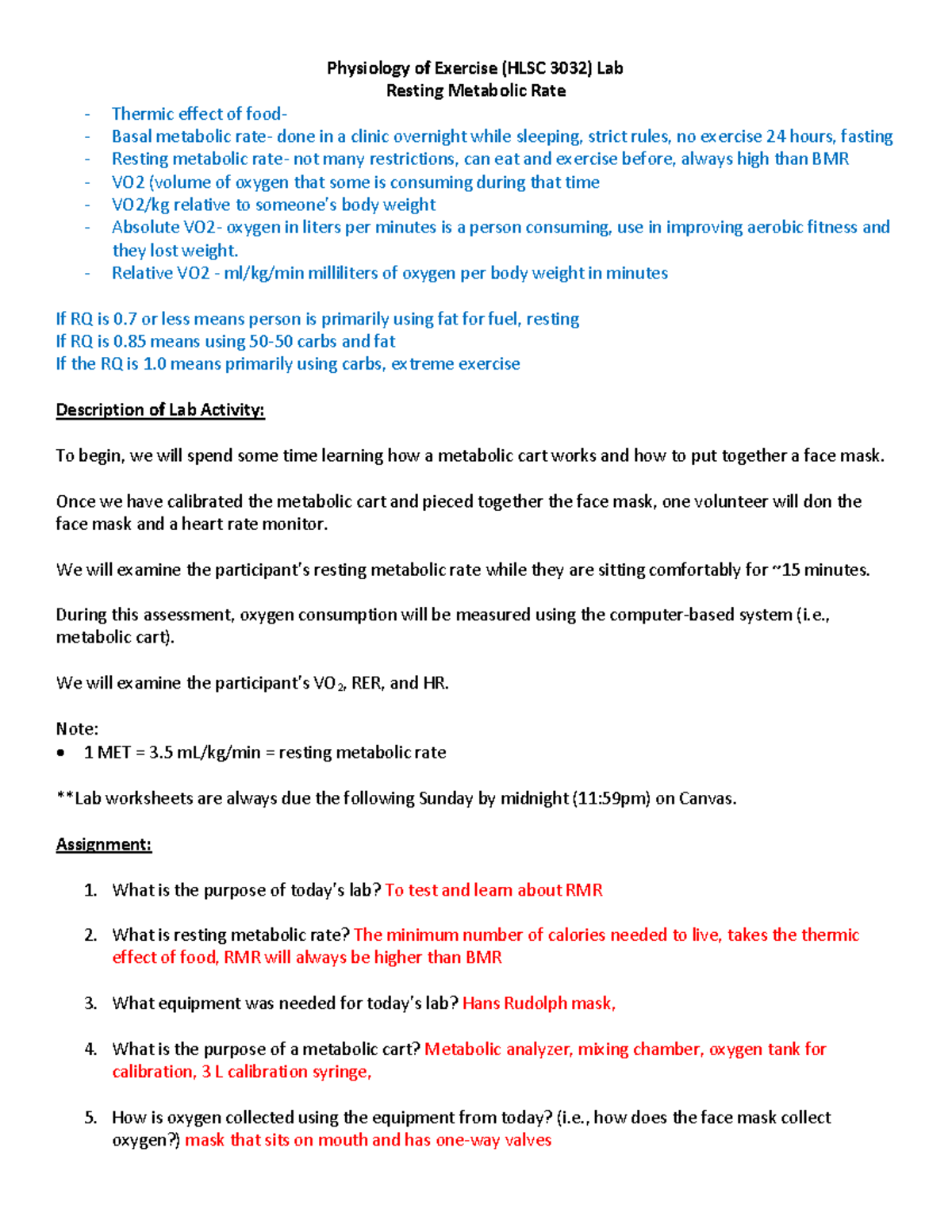 RMR Lab Worksheet (HLSC 3032): Understanding Metabolic Rates - Studocu