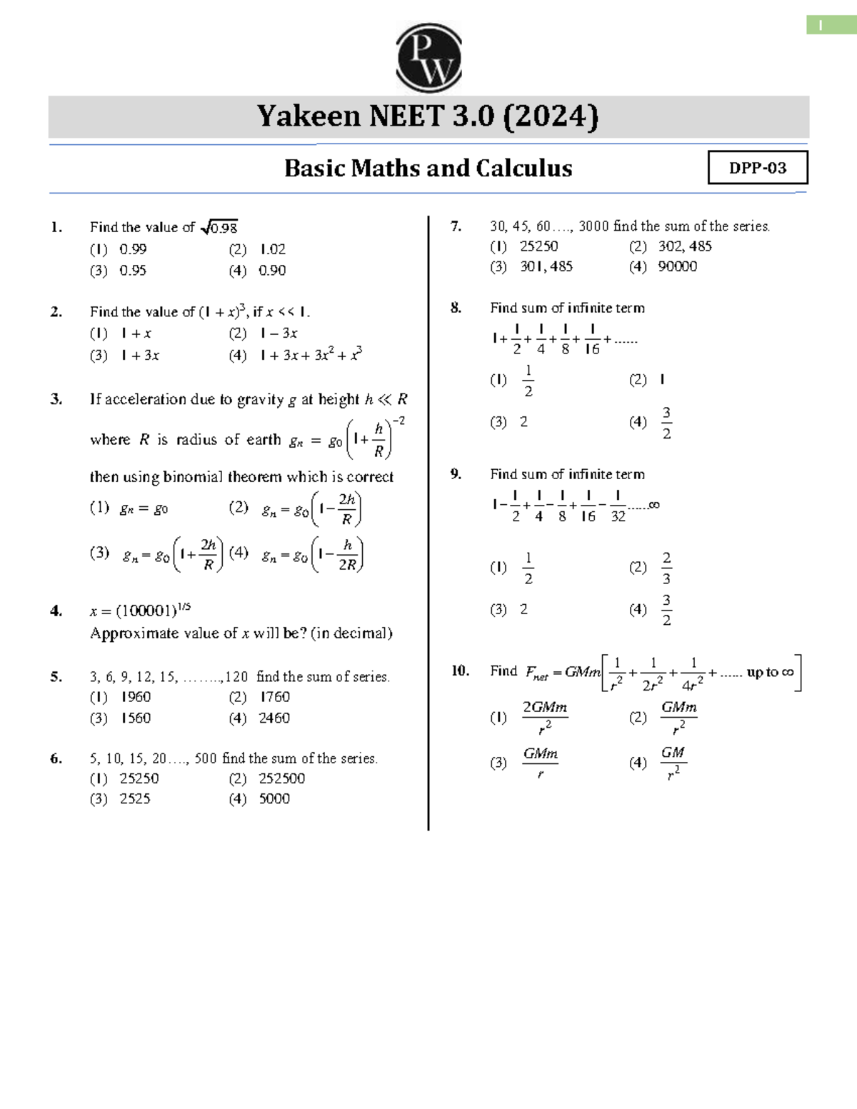 Basic Maths & Calculus DPP-03 (Lecture-04) Yakeen NEET 2024 - Studocu
