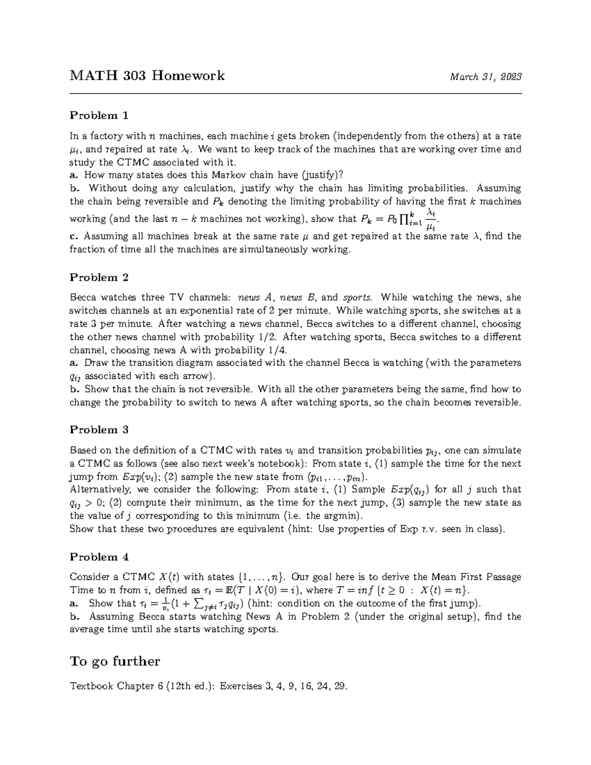 MATH 303 - HW10: Advanced CTMC Problems and Solutions - Studocu
