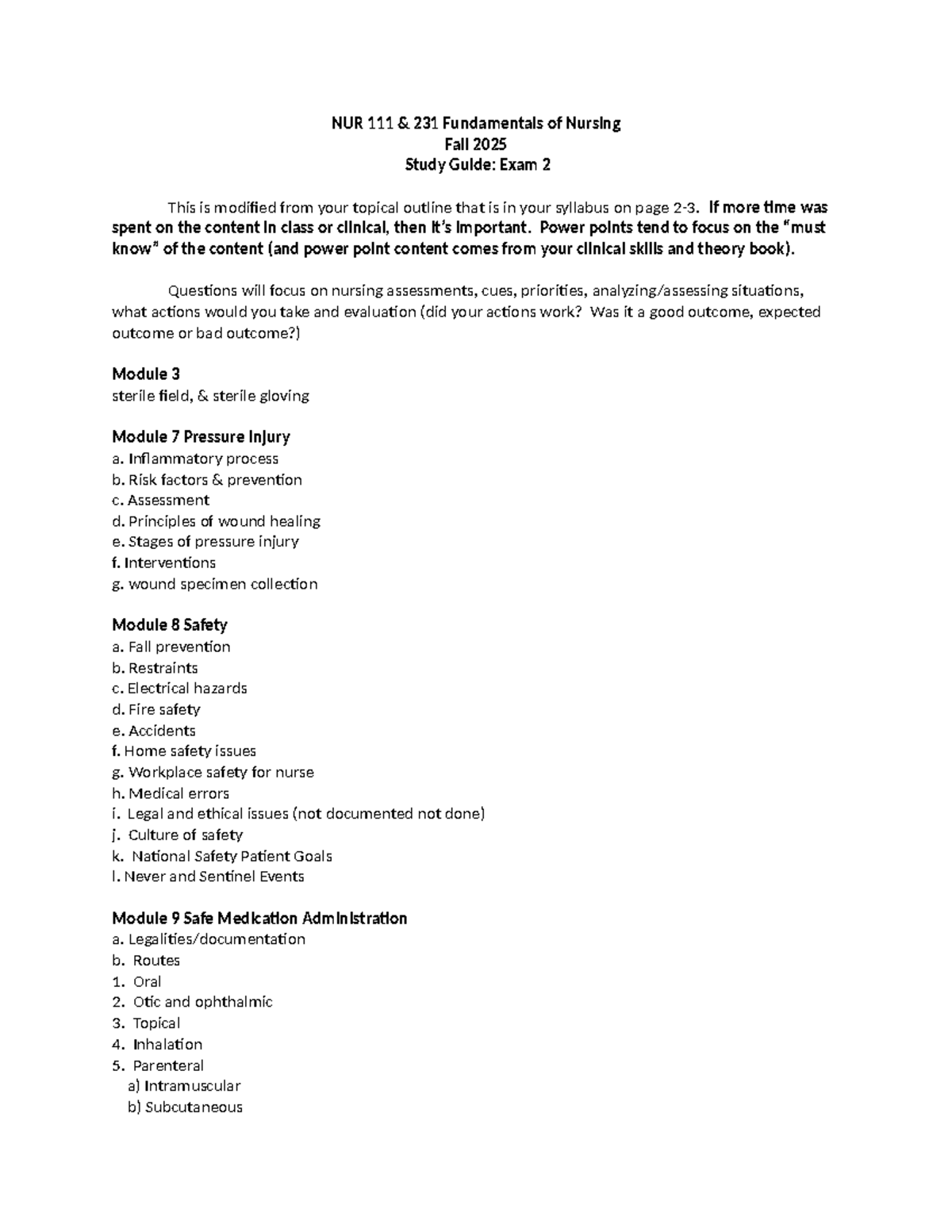 NUR 231 Fall 2025 Study Guide: Exam 2 Overview and Key Topics - Studocu
