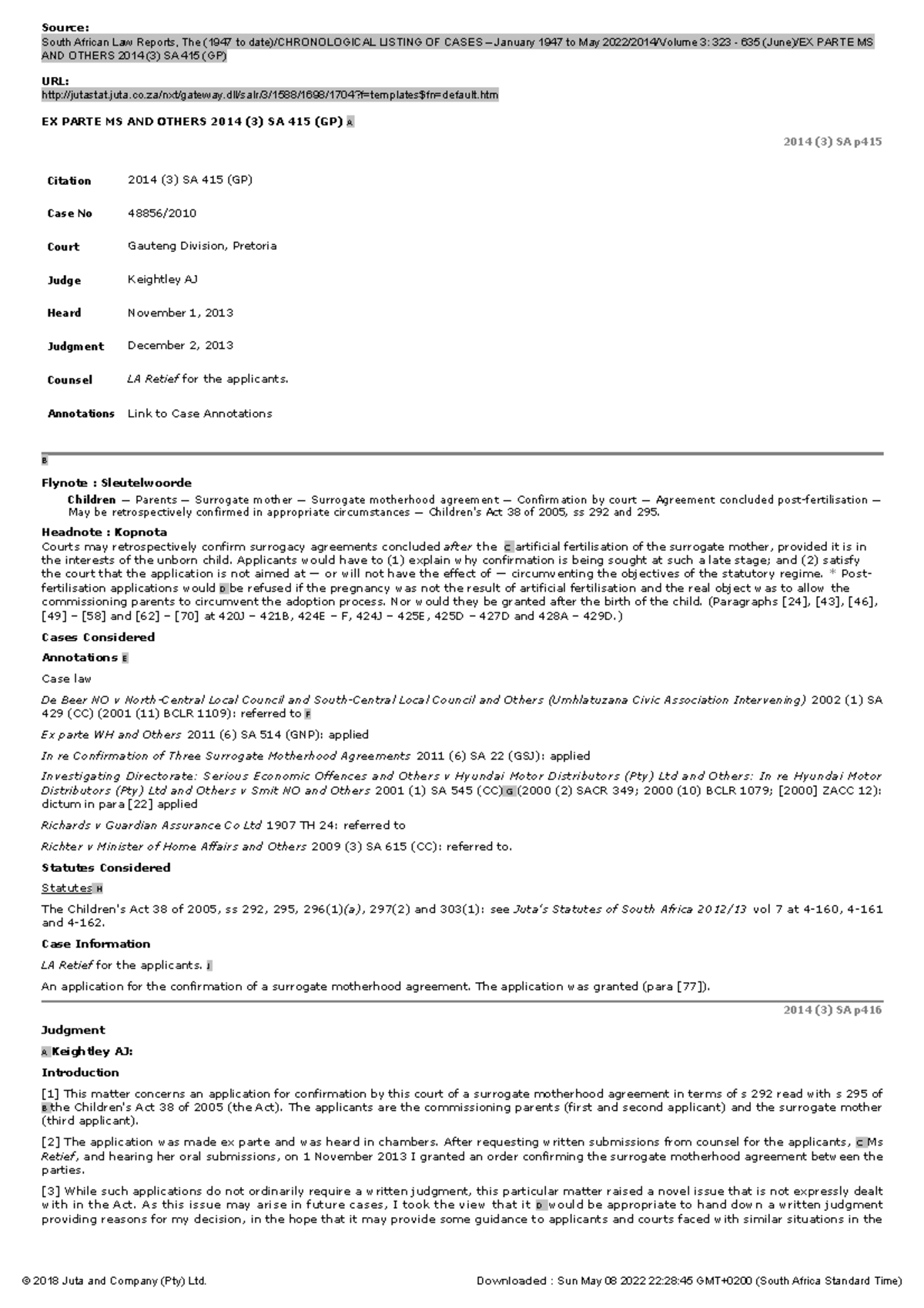 EX PARTE MS AND Others: Case Analysis, 2014 (3) SA 415 (GP) - Studocu