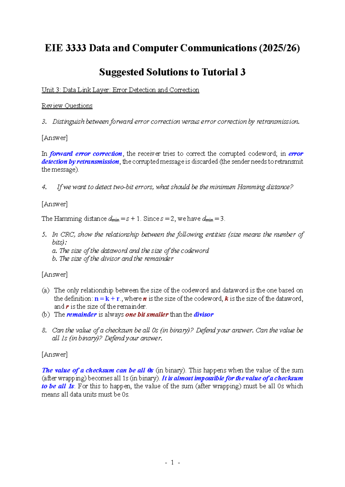 EIE 1123 Tutorial 3 Solutions: Data Link Layer Error Detection ...