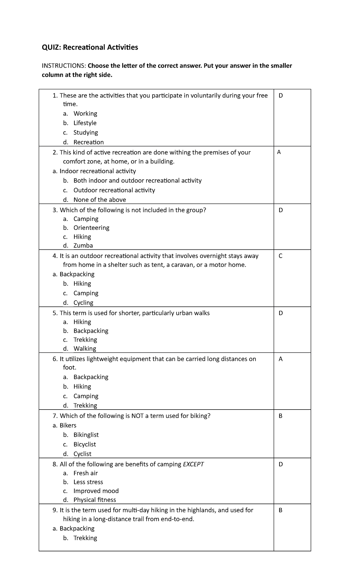 QUIZ: Understanding Recreational Activities and Their Benefits - Studocu