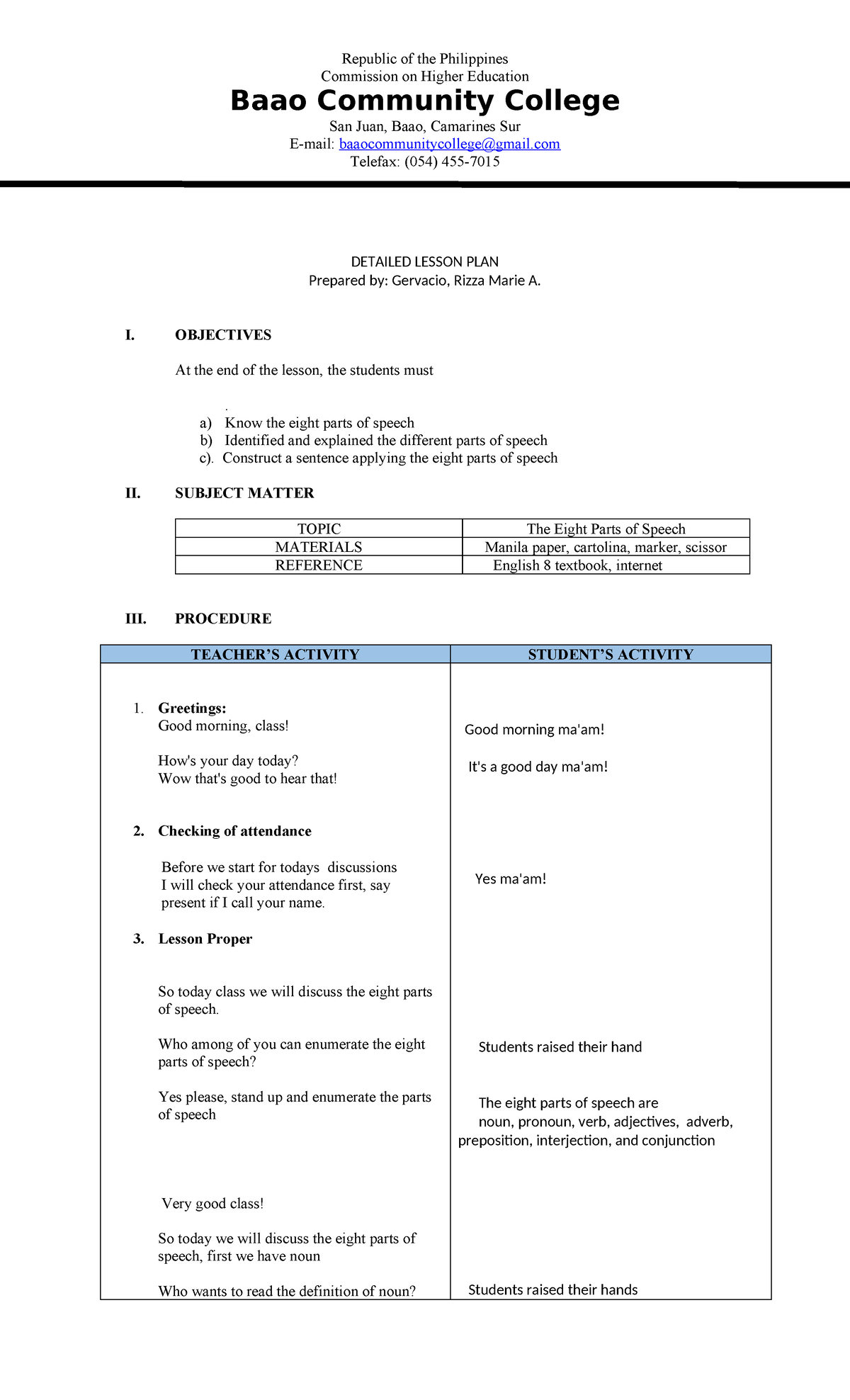 Detailed Lesson Plan on Eight Parts of Speech for English 8 - Studocu