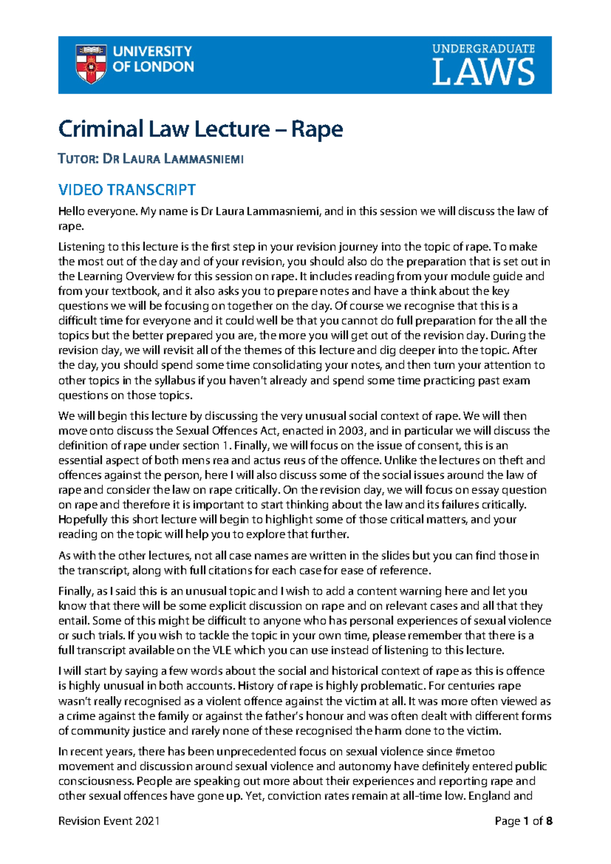 Criminal Law Lecture: Rape Overview - Transcript 3 - Studocu