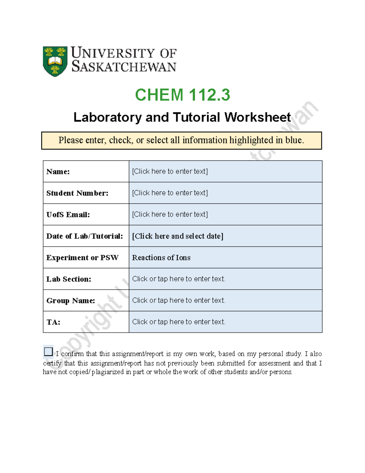 CHEM 112.3 Lab Report: Experiment 5 - Reactions of Ions - Studocu