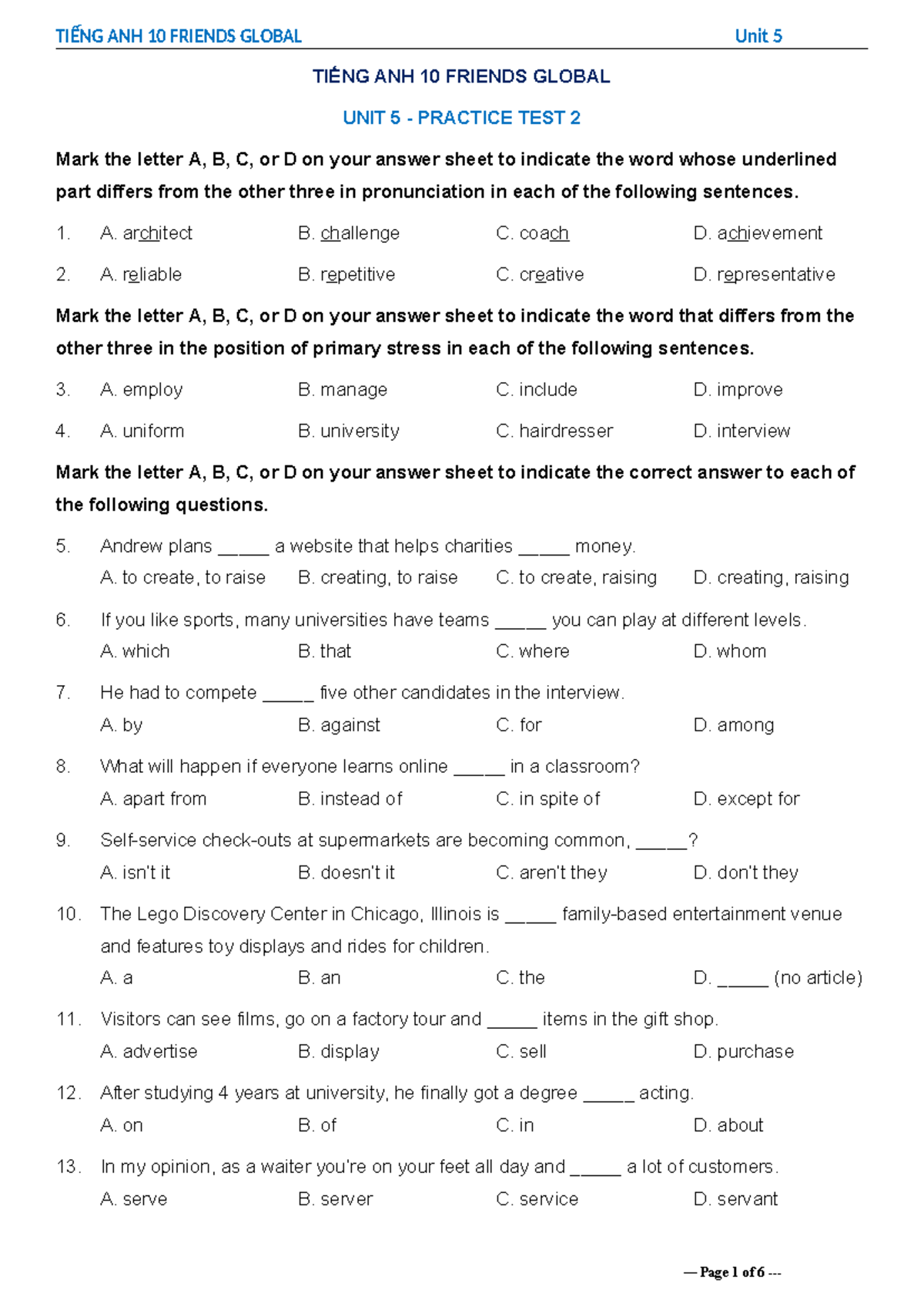 TIẾNG ANH 10 FRIENDS GLOBAL Unit 5 PRACTICE TEST 2 - Studocu