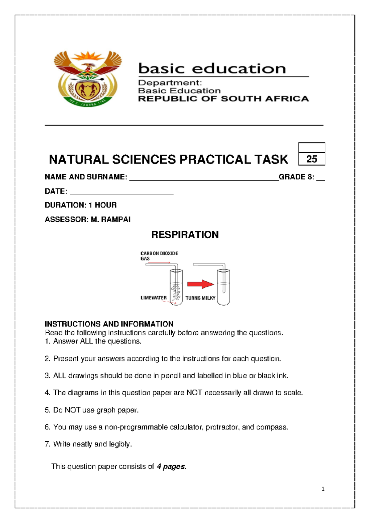 Grade 8 Natural Sciences Practical Task: Respiration Experiment 2023 ...