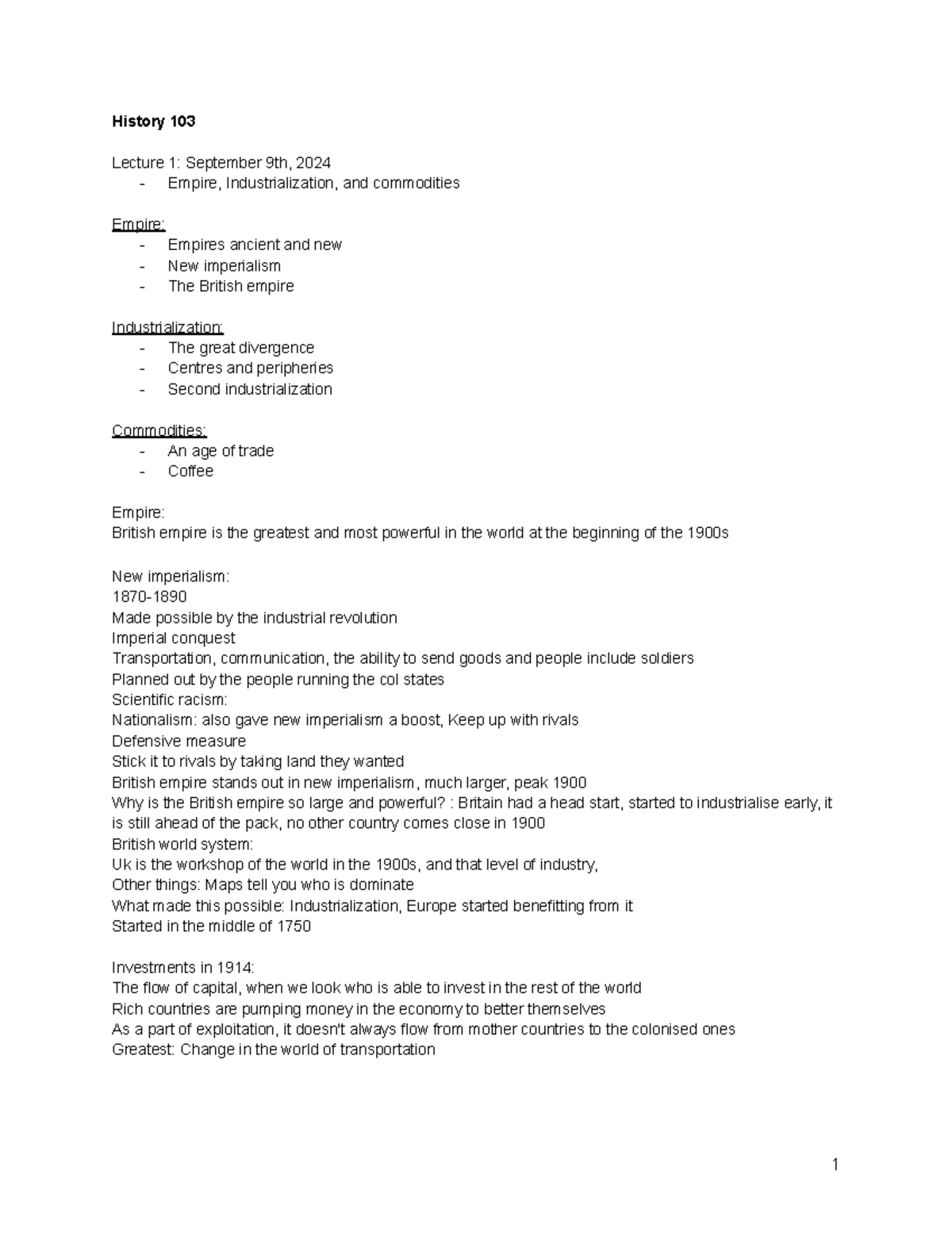 History 103 Lecture Notes: Colonialism, Migration, & Revolutions ...