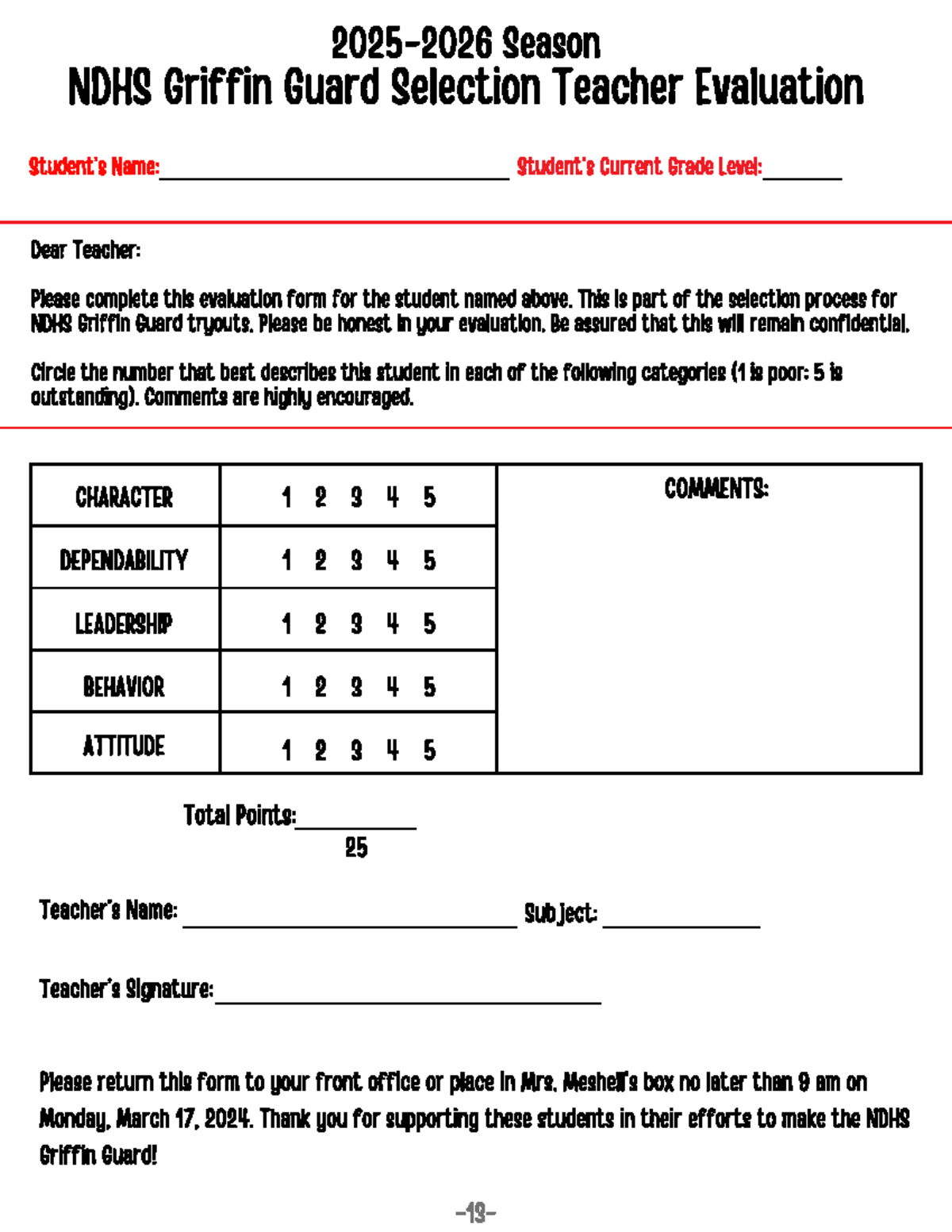 NDHS Griffin Guard Selection Teacher Evaluation Form - Studocu