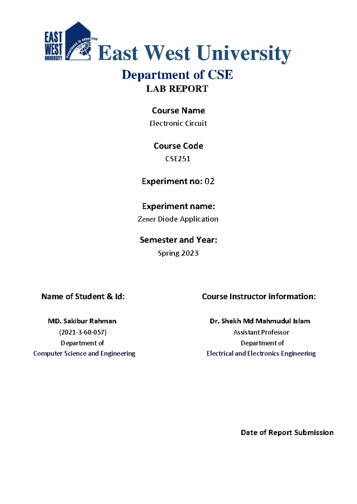 Lab Report on Zener Diode Characteristics - CSE 251 - Studocu