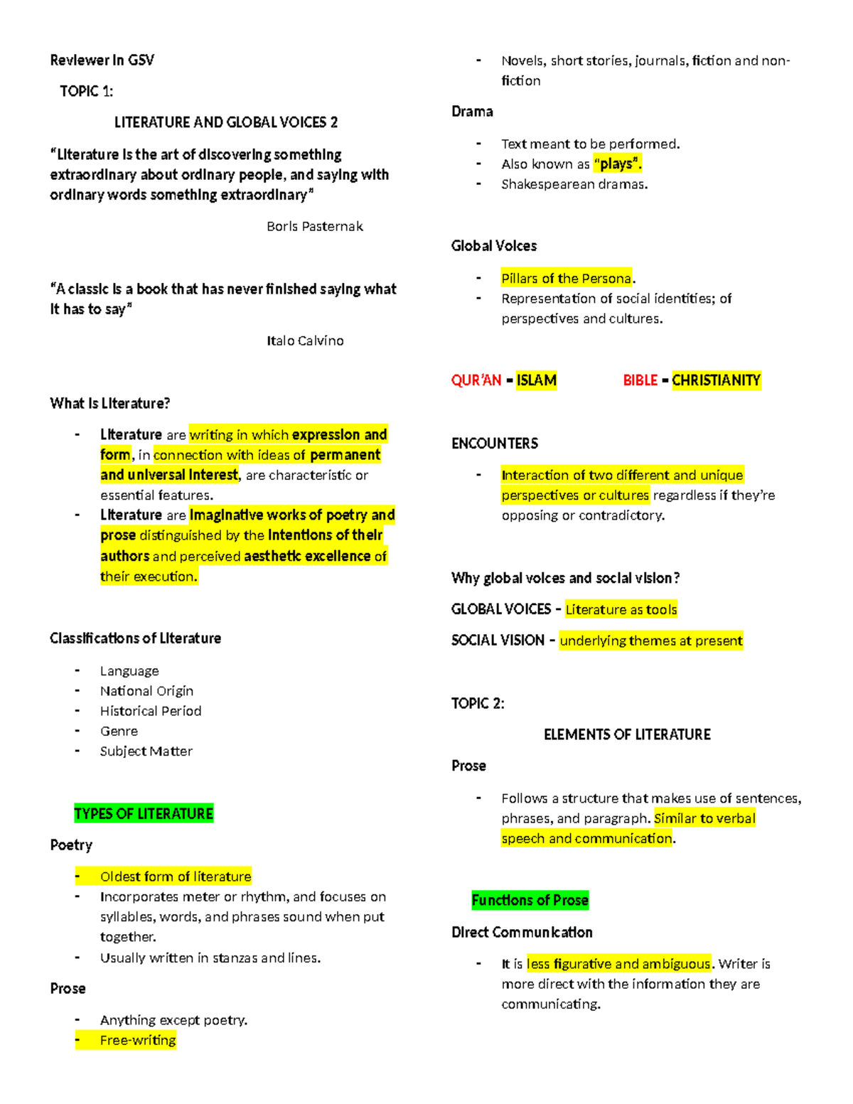 GSV 101: Literature & Global Voices - Quick Notes Review - Studocu