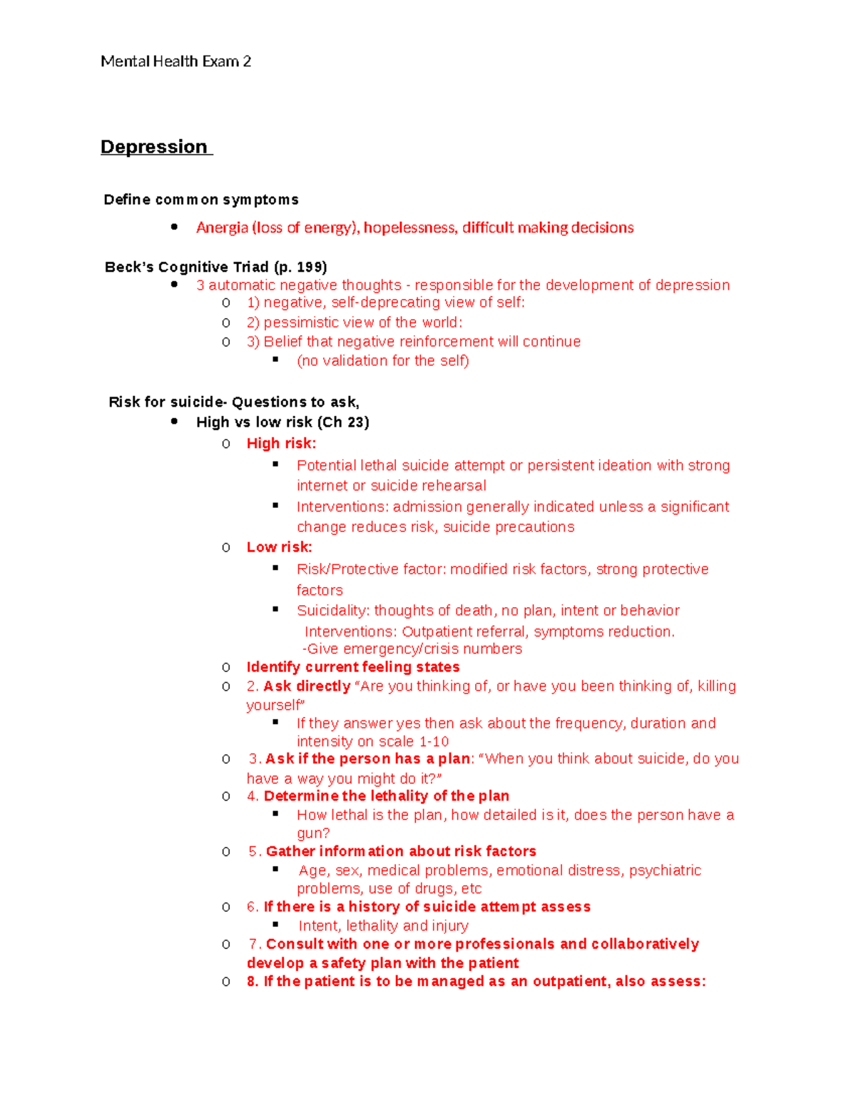 Mental Health Exam 2: Understanding Depression and Anxiety Symptoms ...