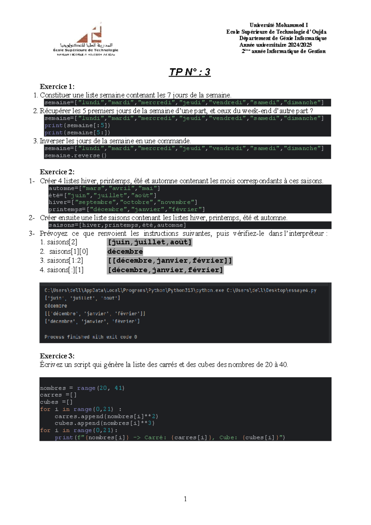 TP3 - Exercices de Programmation en Python pour 2ème Année - Studocu