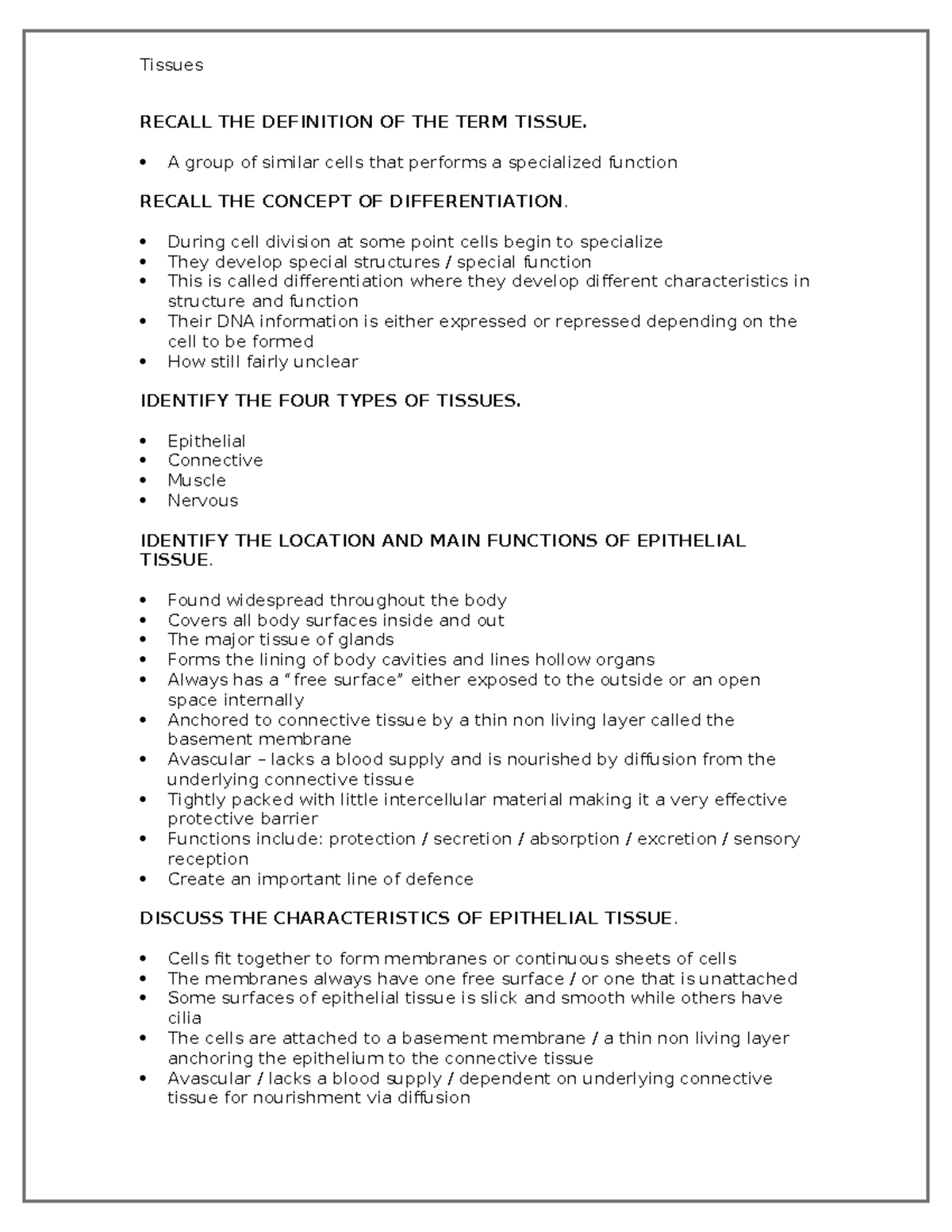 Tissues Notes - RECALL THE DEFINITION OF THE TERM TISSUE. A group of ...