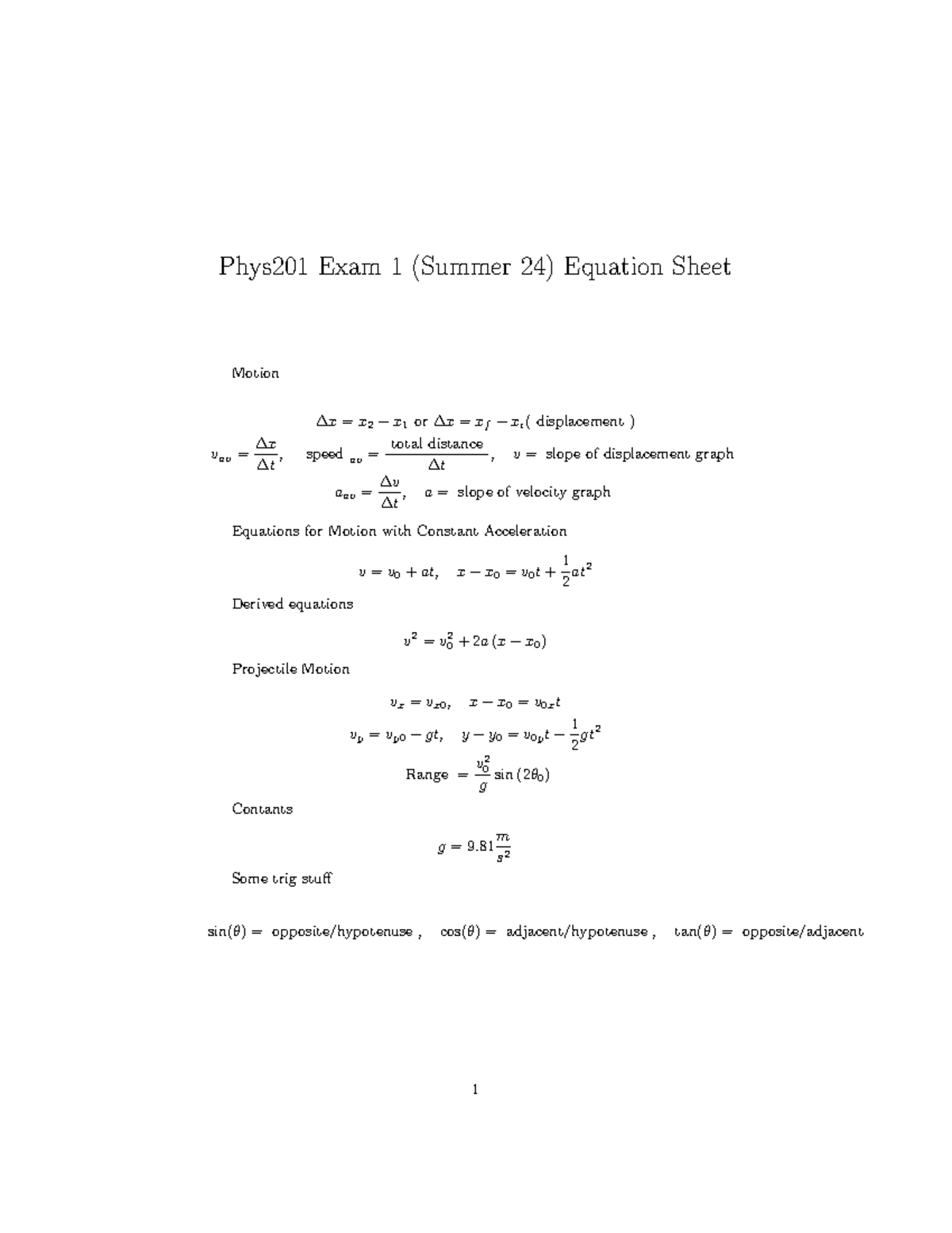 Phys201 Exam 1 F09 Equation Sheet - Phys201 Exam 1 (Summer 24) Equation ...