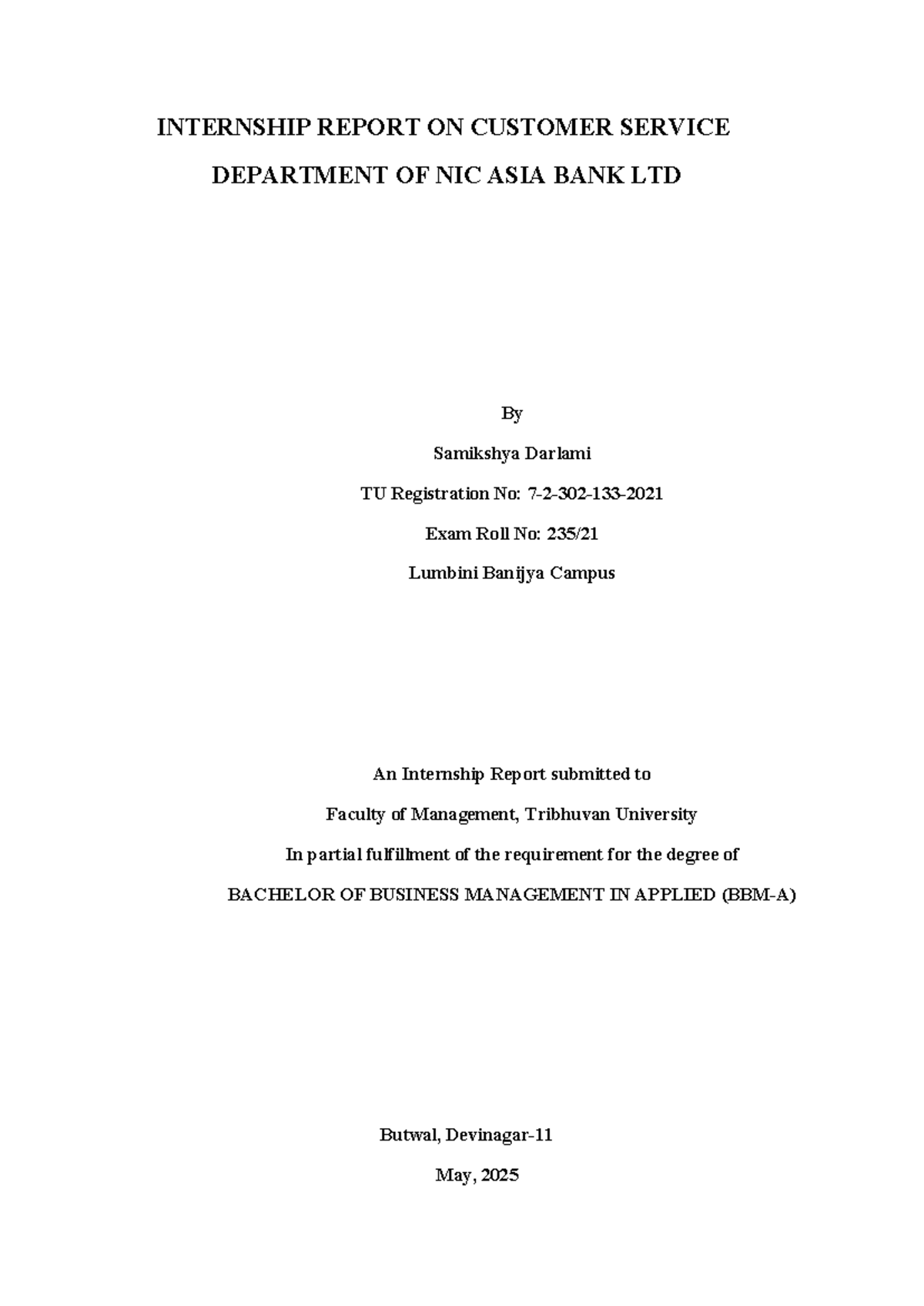 Internship Report: Customer Service at NIC ASIA Bank (BBM 7th Sem) - Document Preview