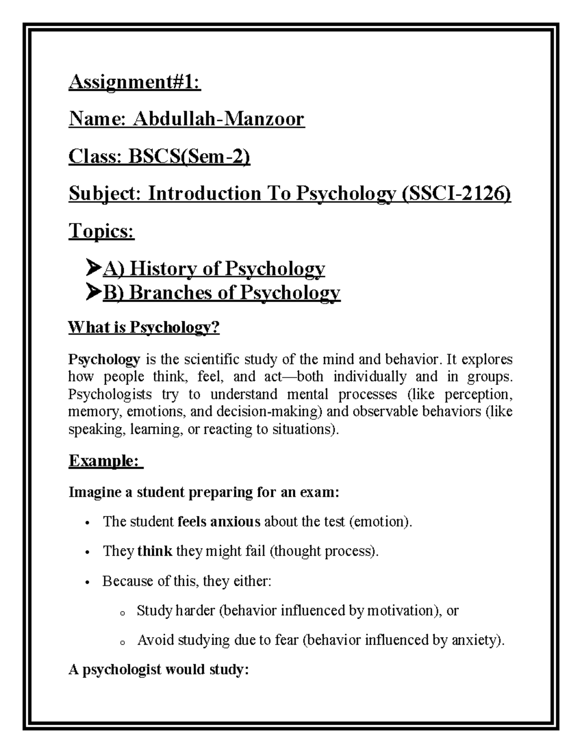 PSY101: Introduction to Psychology - Key Concepts and Branches - Studocu