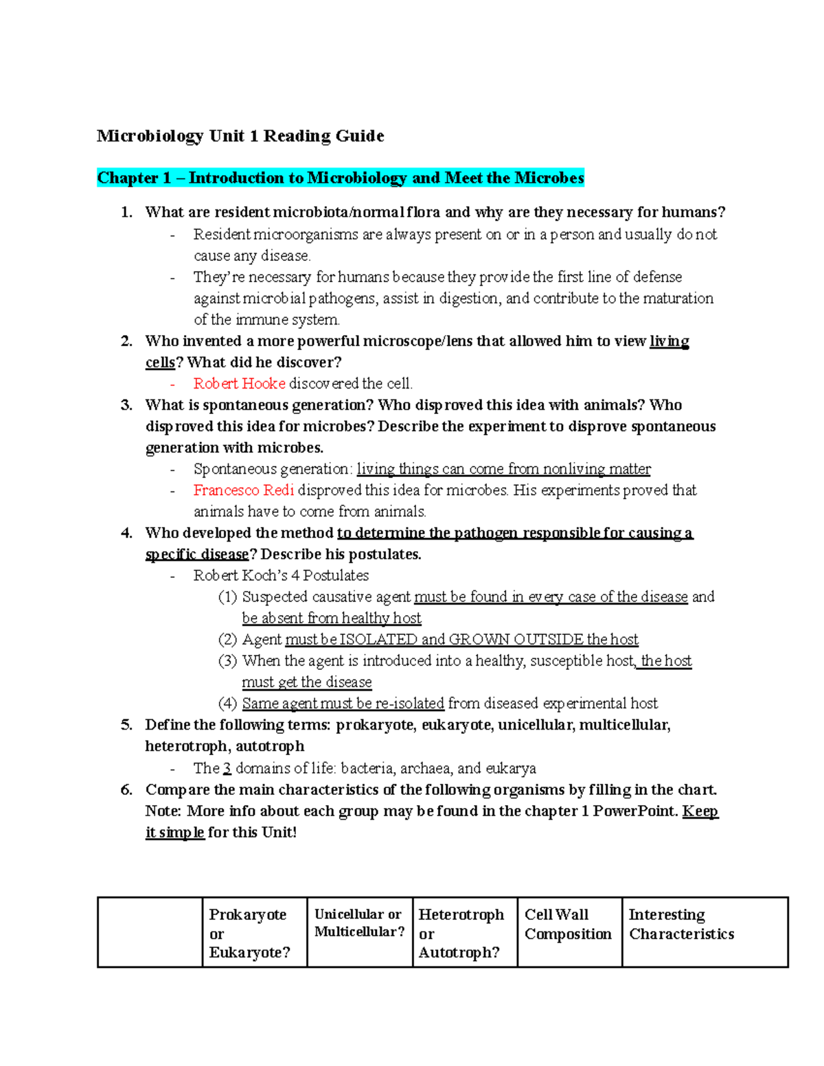 BIO 275-H102 Unit 1 Reading Guide - Microbiology Unit 1 Reading Guide ...