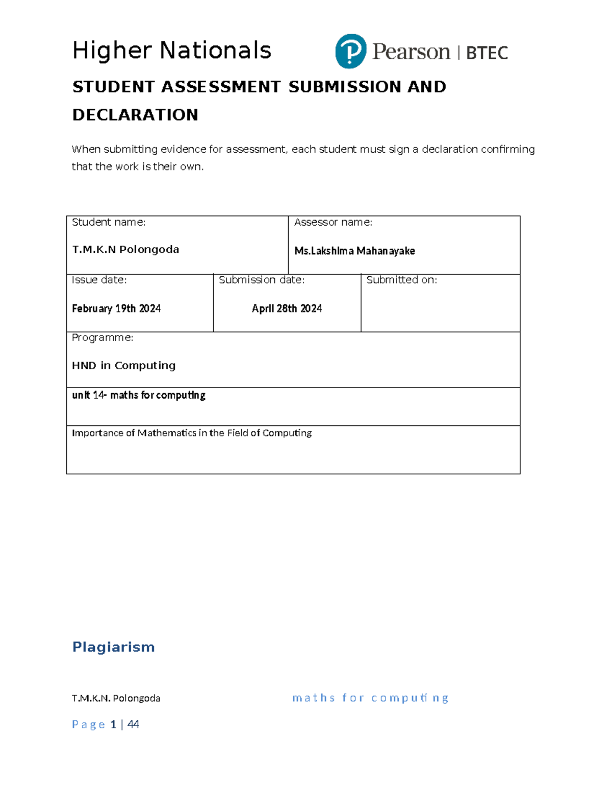 HND in Computing: Maths for Computing Assessment Submission Guide - Studocu