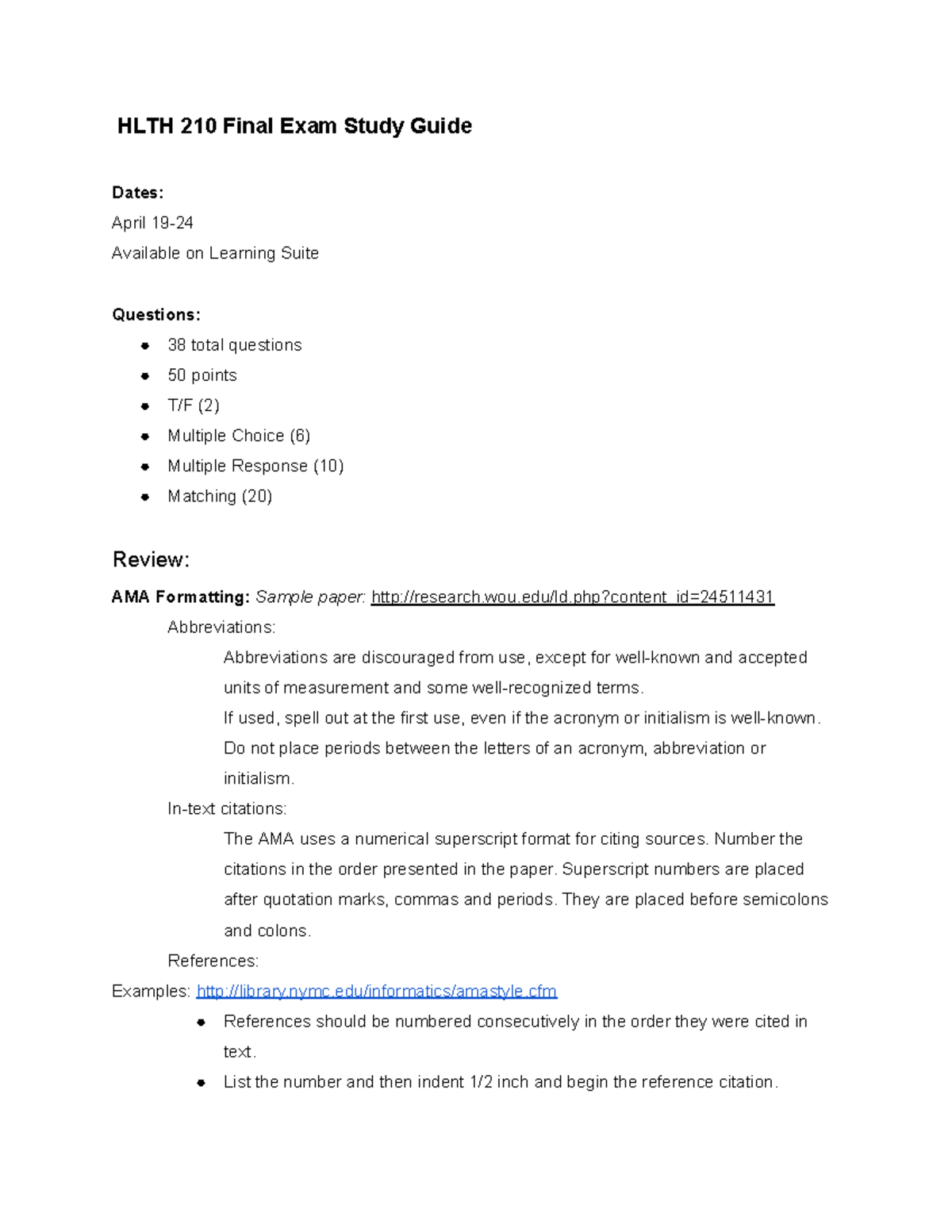 HLTH 210 Final Exam Study Guide - HLTH 210 Final Exam Study Guide Dates ...