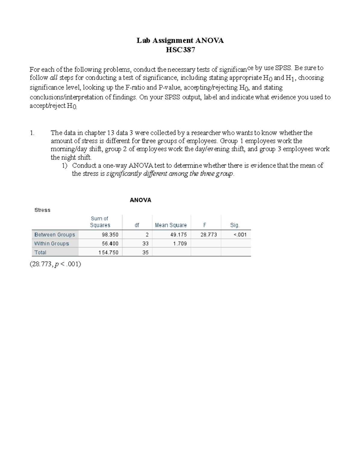 anova lecture notes - Lab Assignment ANOVA HSC For each of the ...