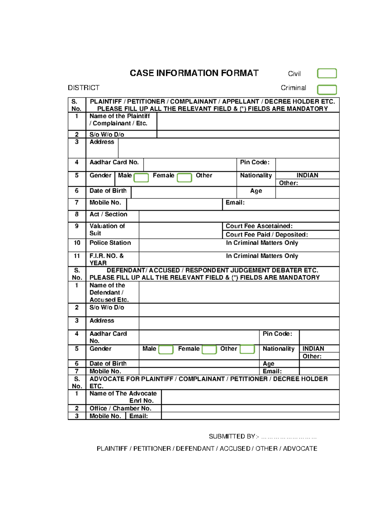 Case Information Format - Delhi District Court (Civil/Criminal) - Studocu