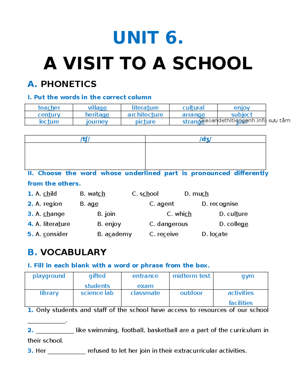 UNIT 6: A Visit to a School - Supplementary Exercises for English 7 ...
