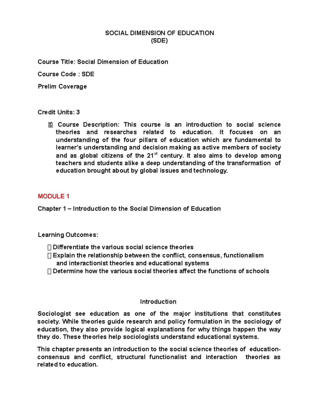 SDE Prelim Module: Understanding Social Dimensions of Education - Studocu