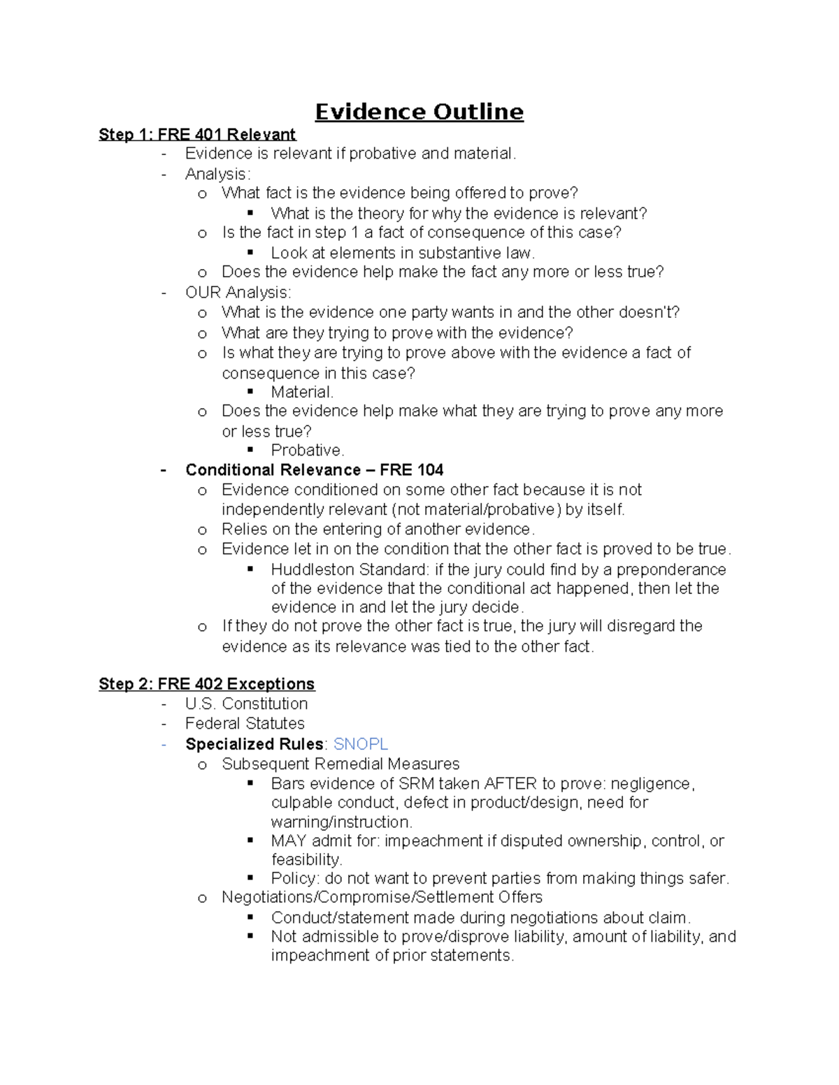 Evidence Outline Study Notes for LAW 101 - Studocu