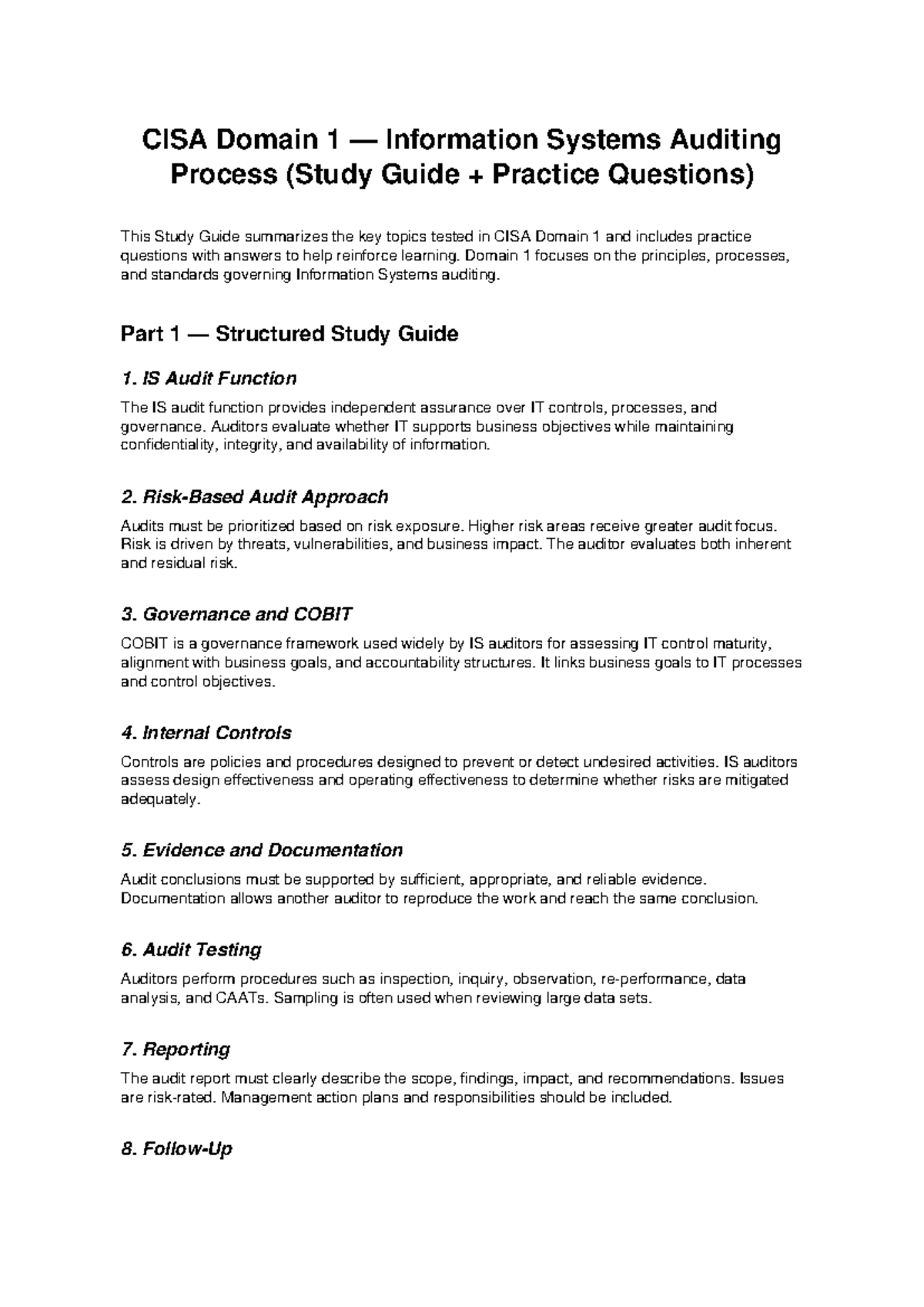 CISA Domain 1 Study Guide: Key Topics & Practice Q&A - Studocu