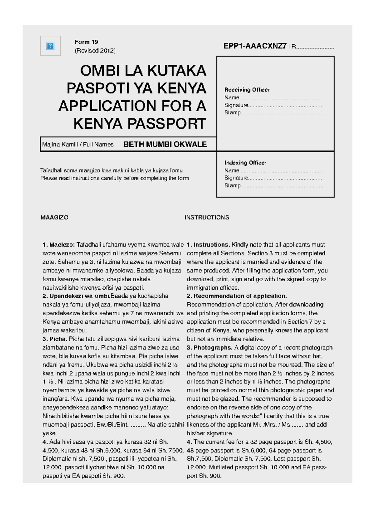 Application for Kenya Passport - EPP1-AAACXNZ7 Form 19 Instructions ...