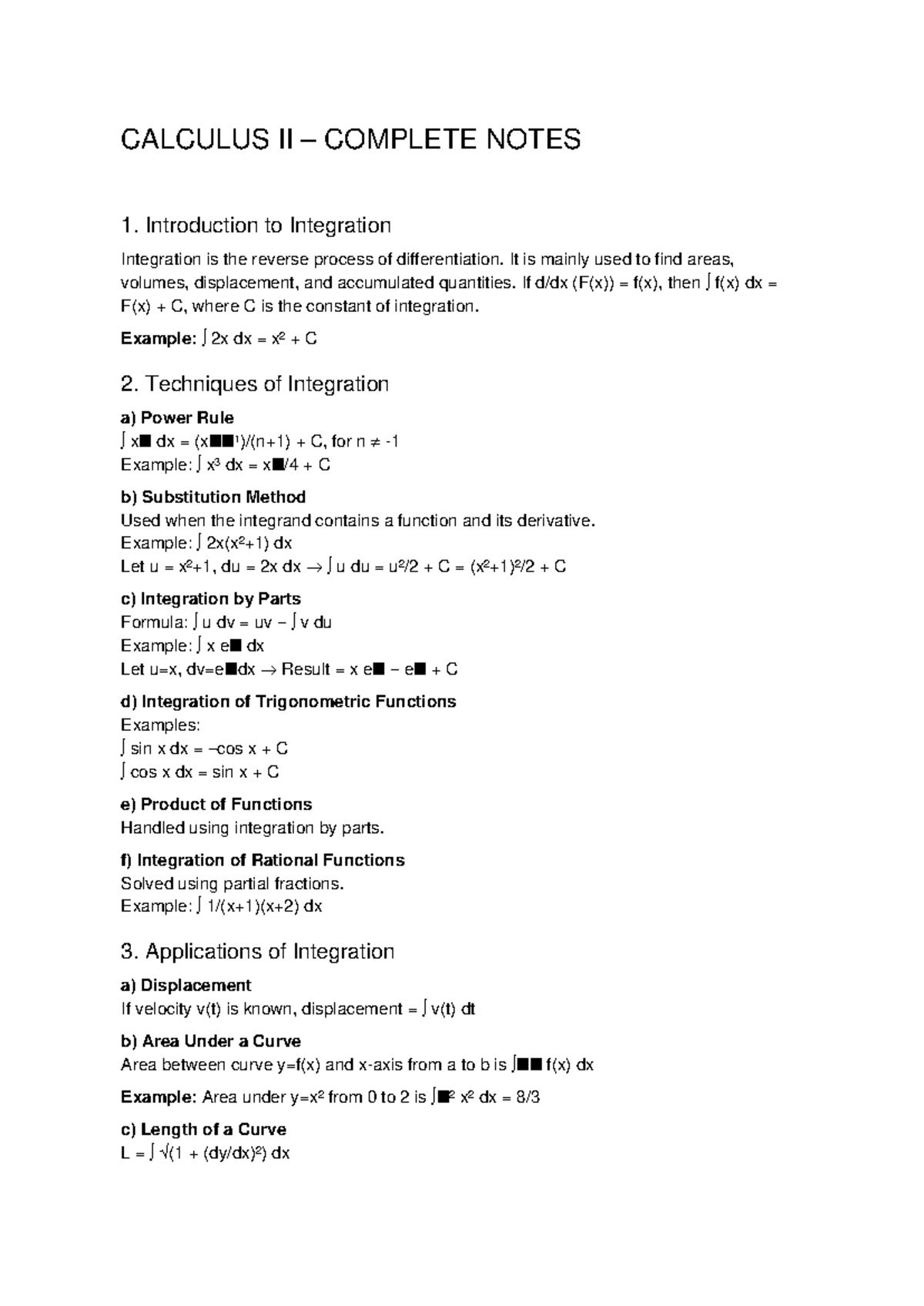 CALC II FINAL NOTES: Introduction to Integration Techniques - Studocu