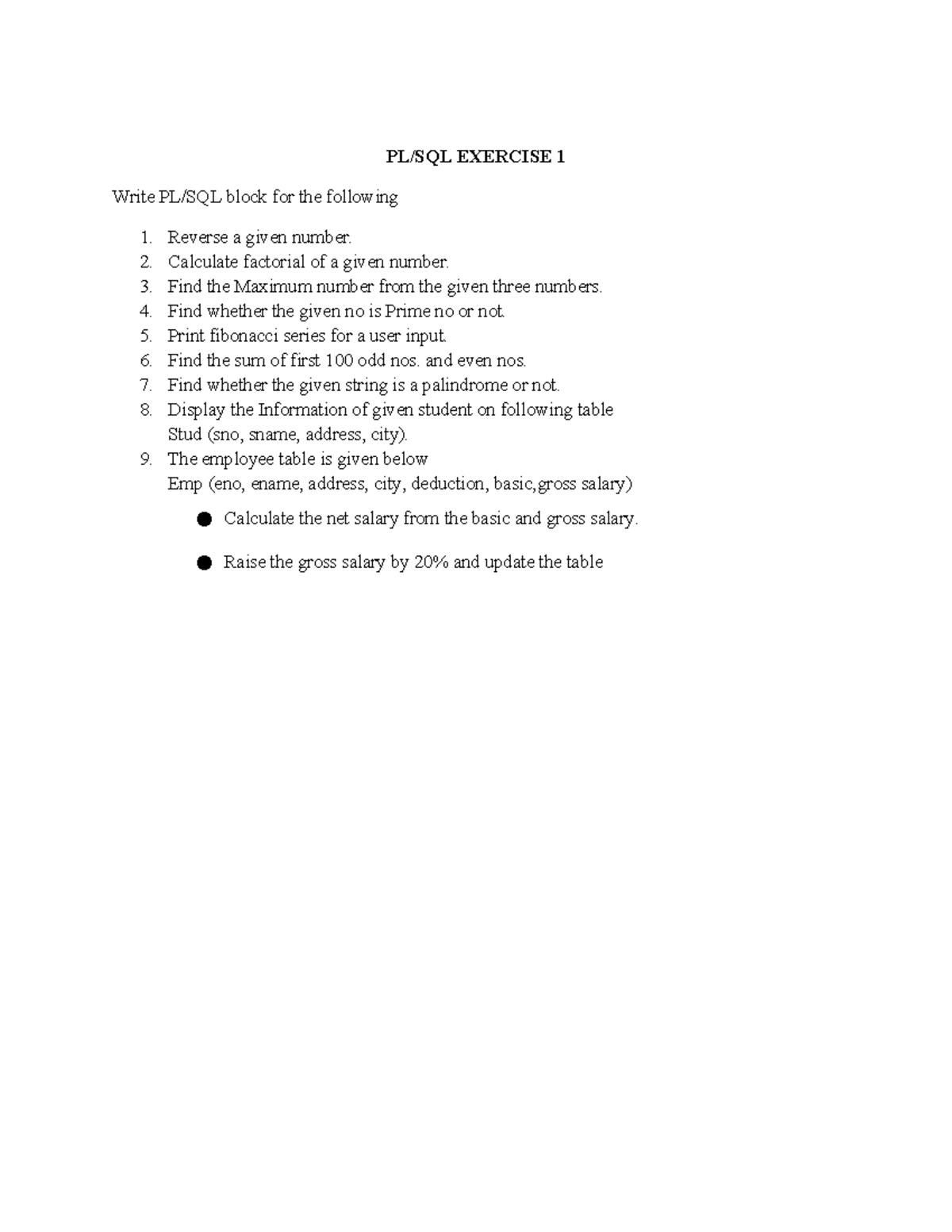 PLSQL EXERCISE 1: Practice Problems and Solutions - Studocu