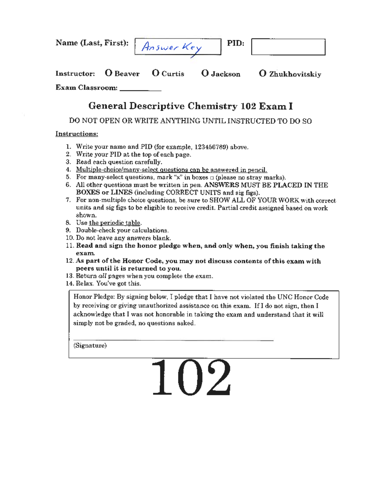 CHEM 102 Final Exam I: General Descriptive Chemistry Answer Key - Studocu