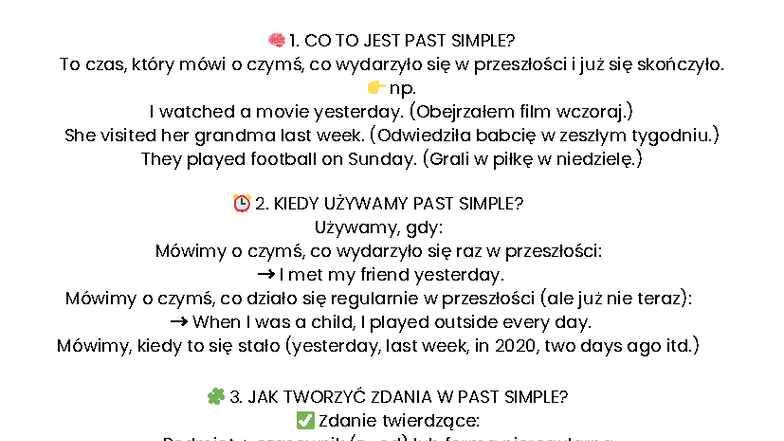 Past Simple: Definicja, Użycie i Tworzenie Zdań - Studocu