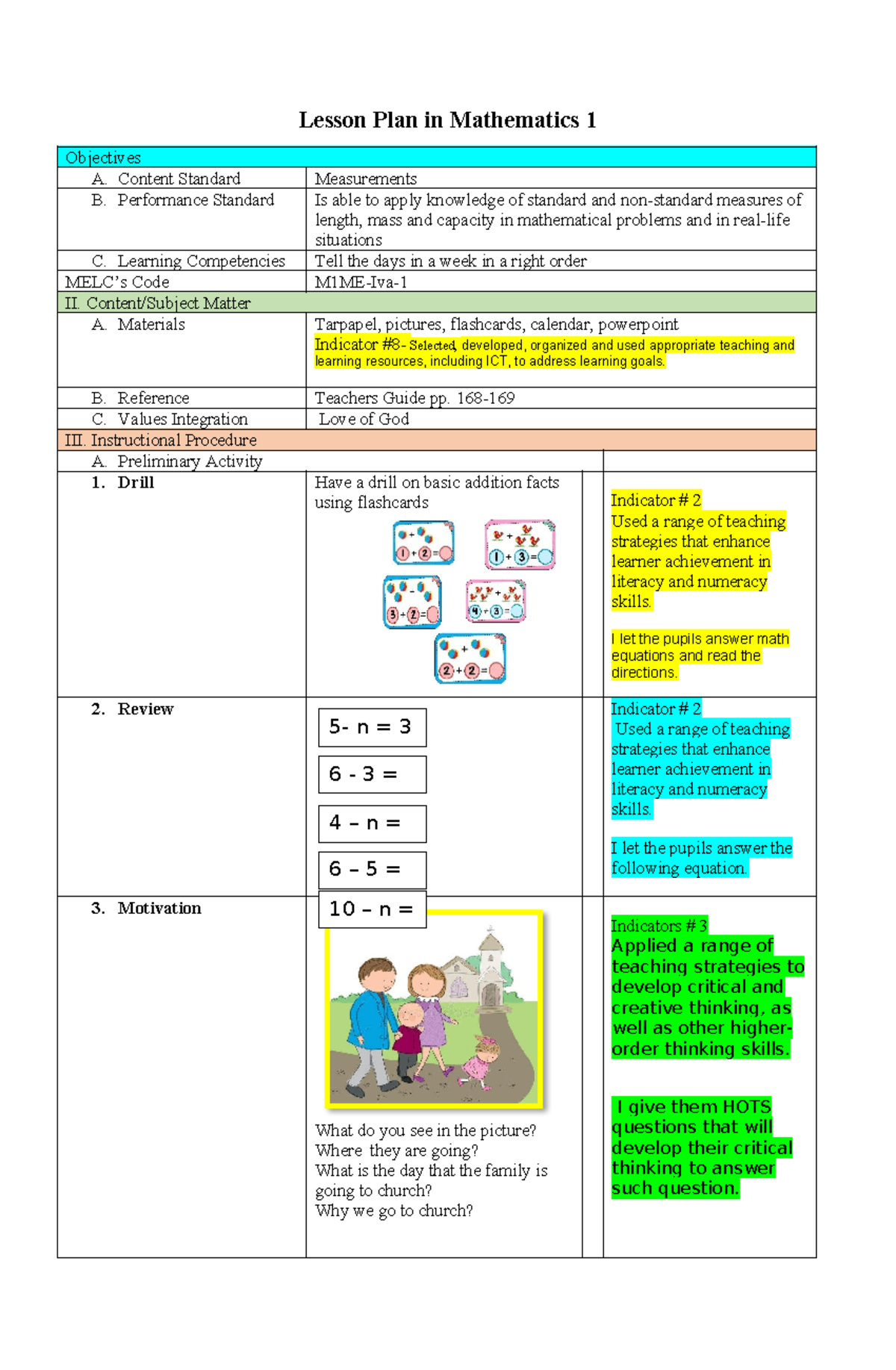 Mathematics 1 Lesson Plan: Teaching Days of the Week - Studocu