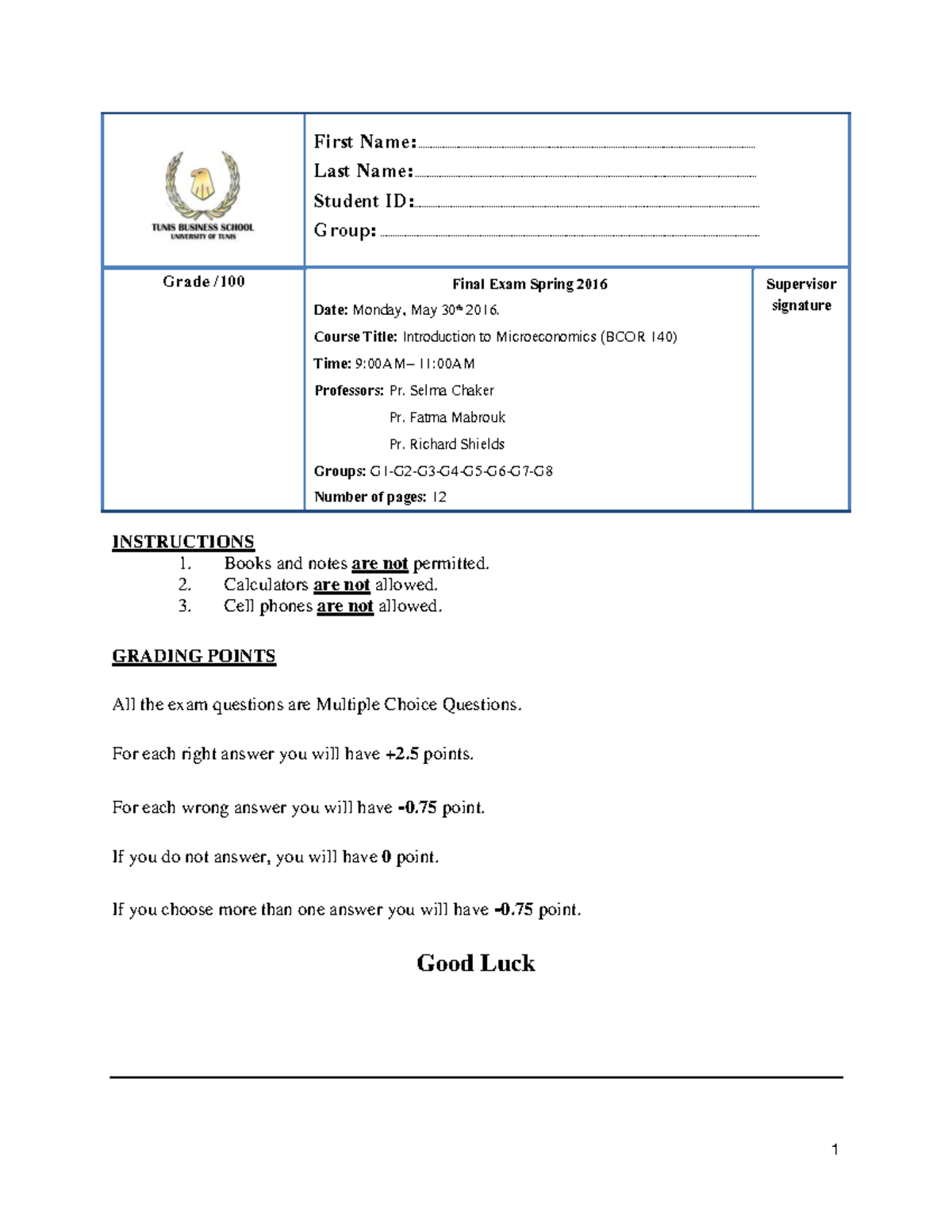 Final Exam Study Guide for Introduction to Microeconomics (BCOR 140 ...