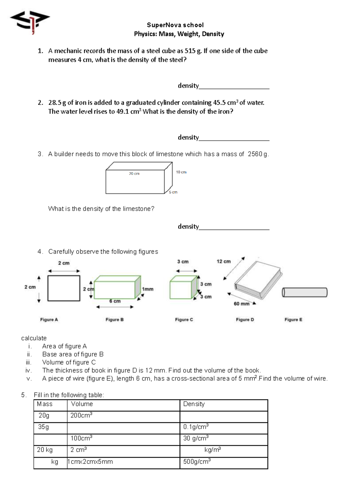 SuperNova School Physics: Mass, Weight, Density Worksheet - Studocu