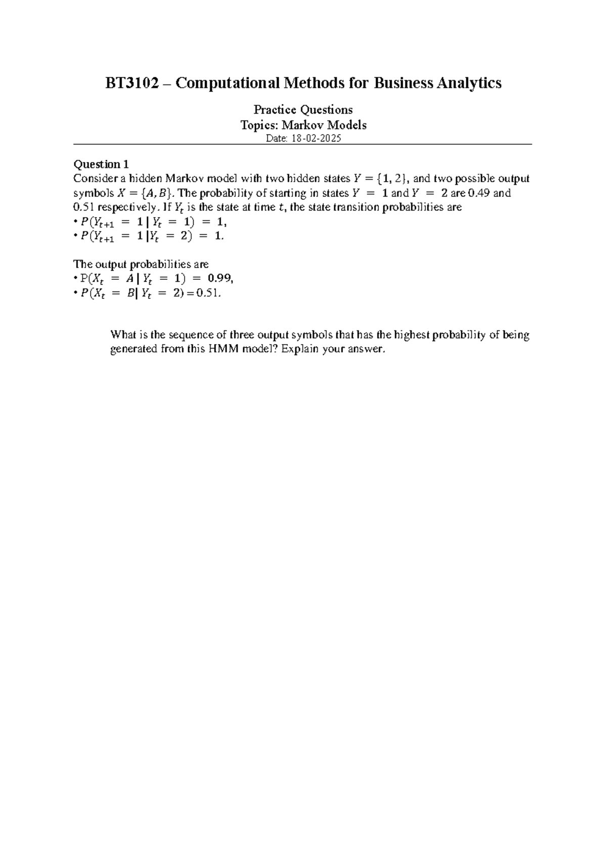 BT3102 Computational Methods: HMM Practice Questions & Solutions - Studocu