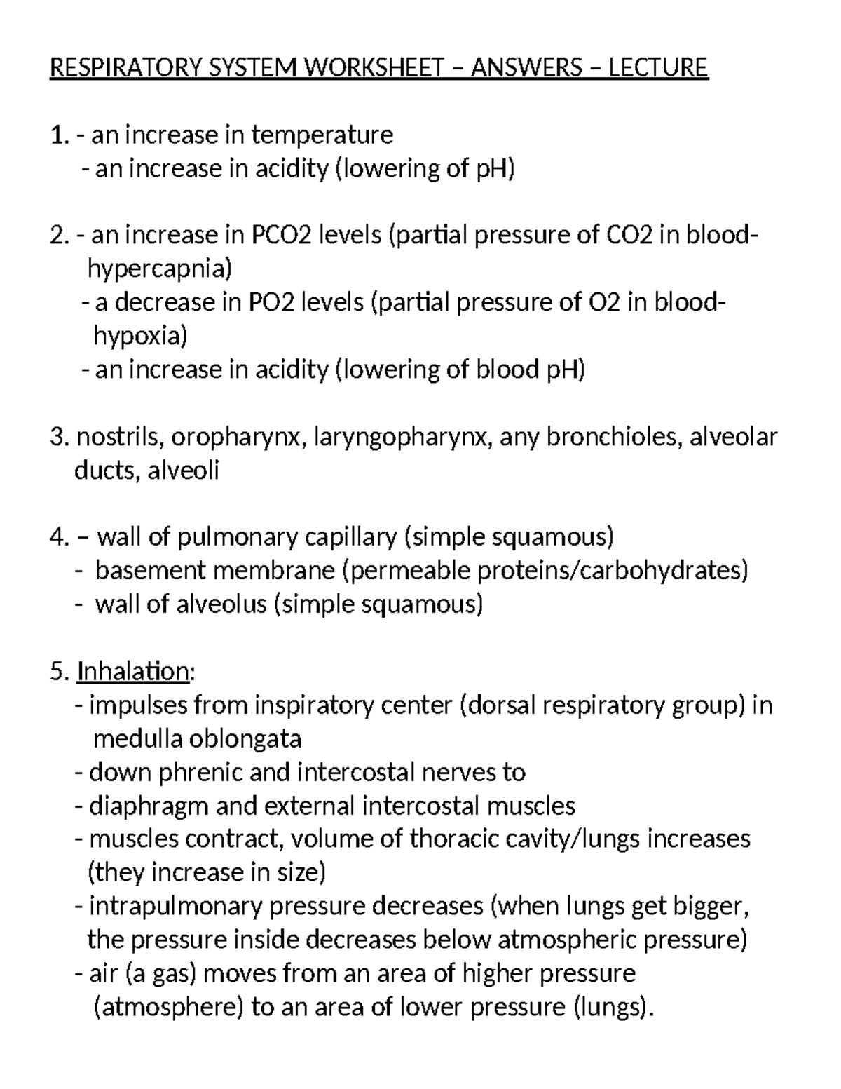 Respiratory System Worksheet - Answers - RESPIRATORY SYSTEM WORKSHEET ...