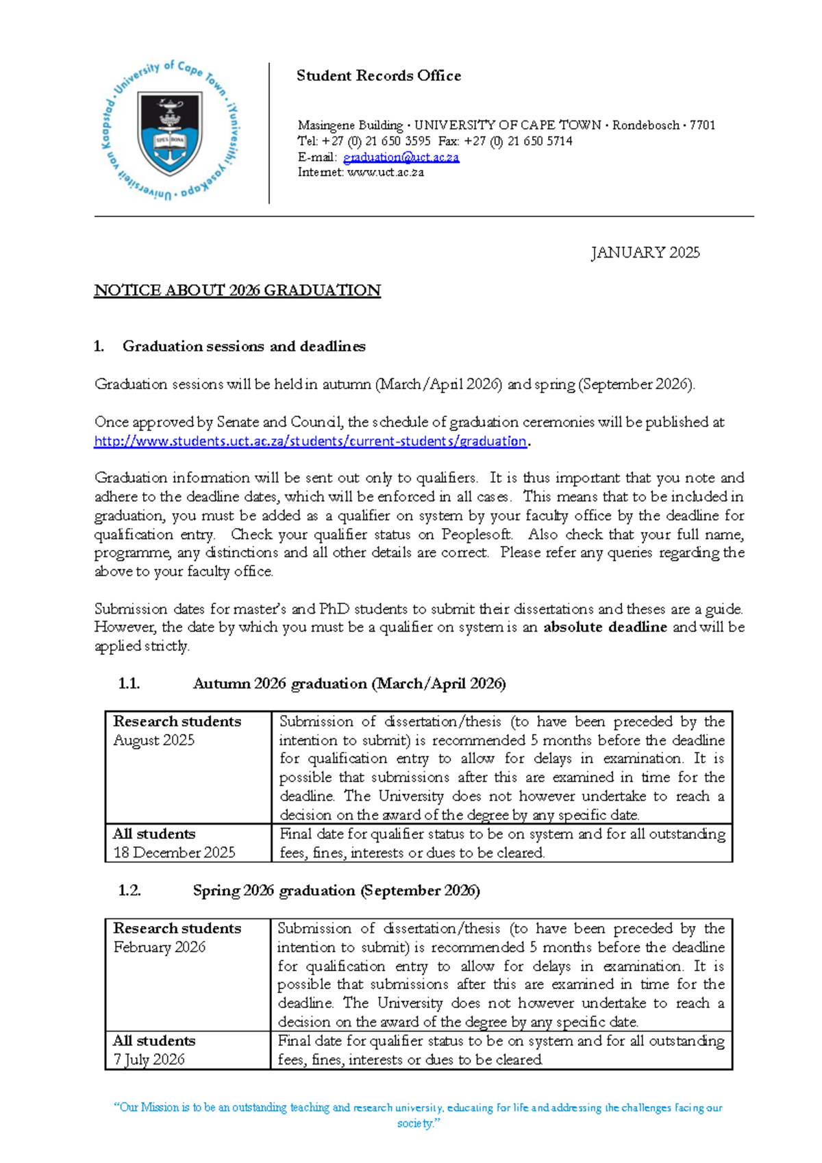 UCT 2026 Graduation Notice: Key Dates & Requirements - Studocu