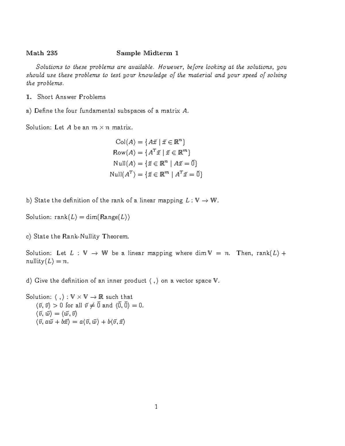 Math 235 Midterm Exam 1 Solutions and Key Concepts (2018) - Studocu