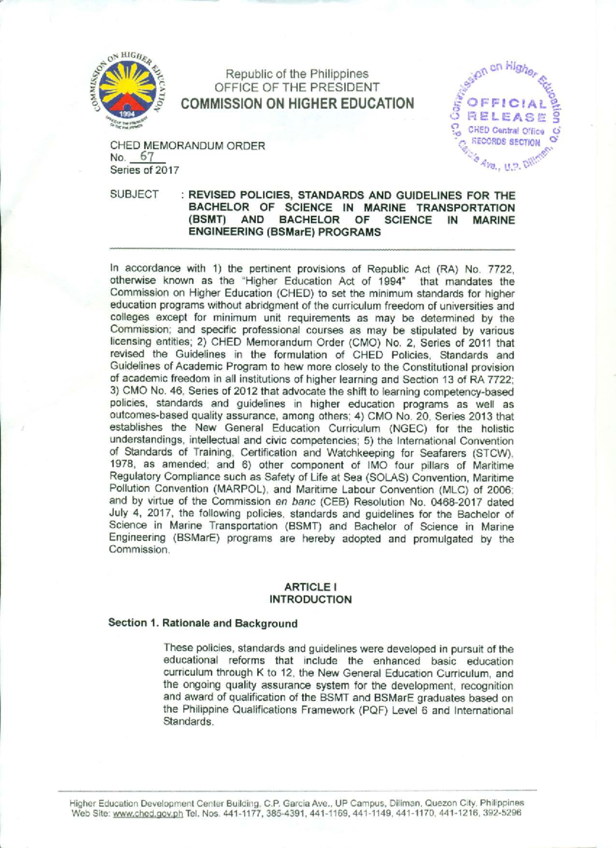 CMO-67: Revised Policies for BSMT & BSMarE Programs in Higher Education ...