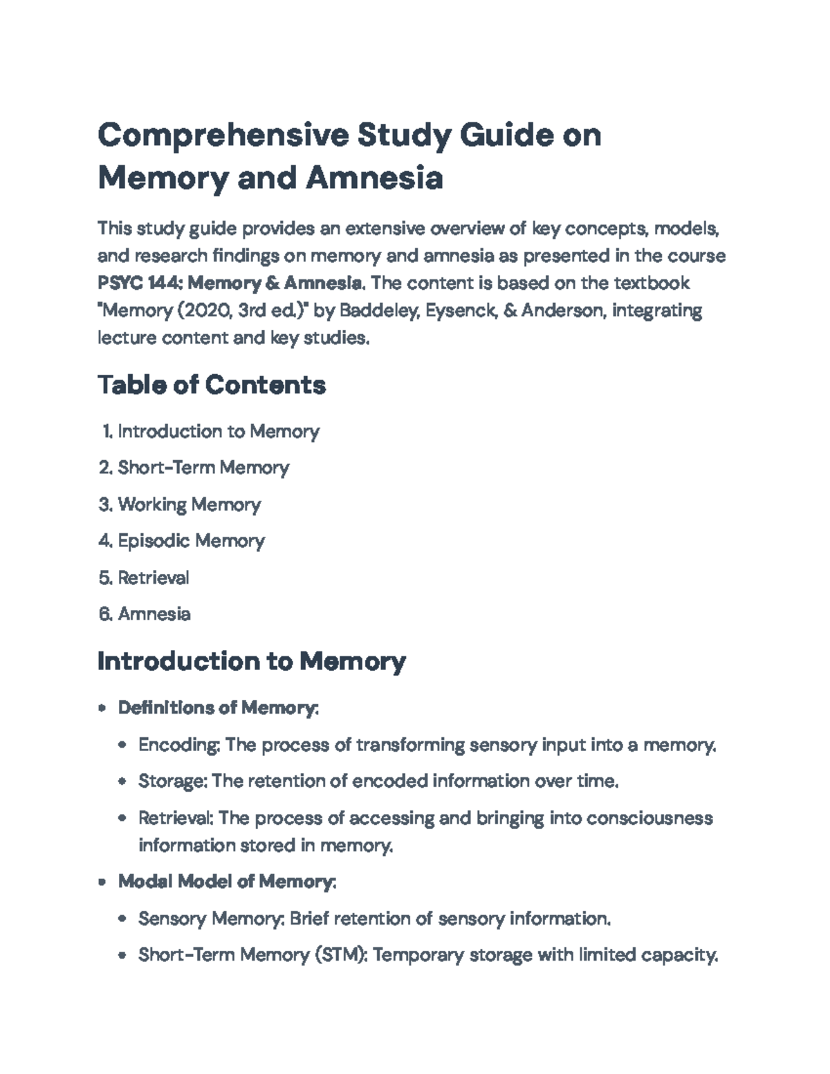 Comprehensive Study Guide for PSYC 144: Memory & Amnesia ...
