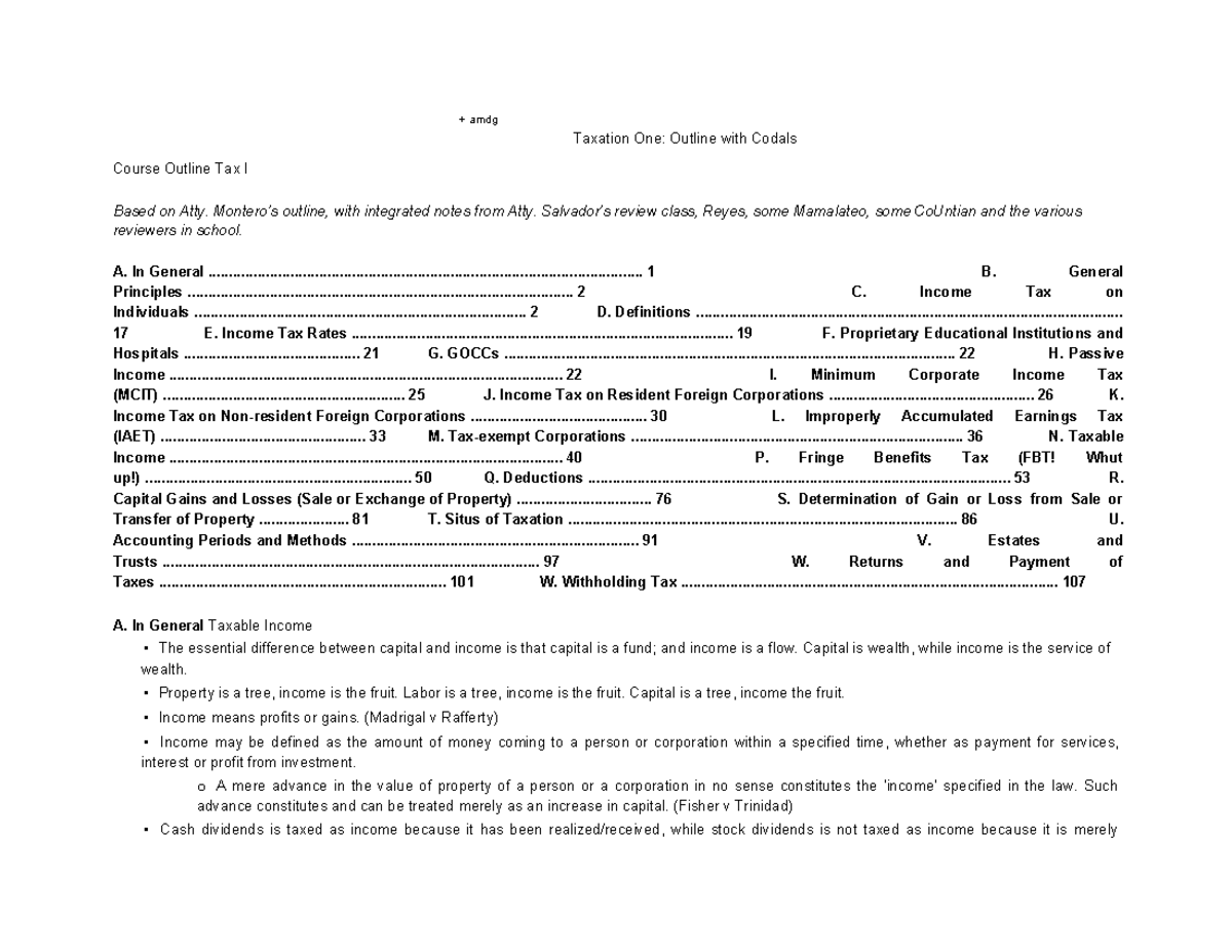 Taxation One: Comprehensive Outline with Codals and Notes - Studocu