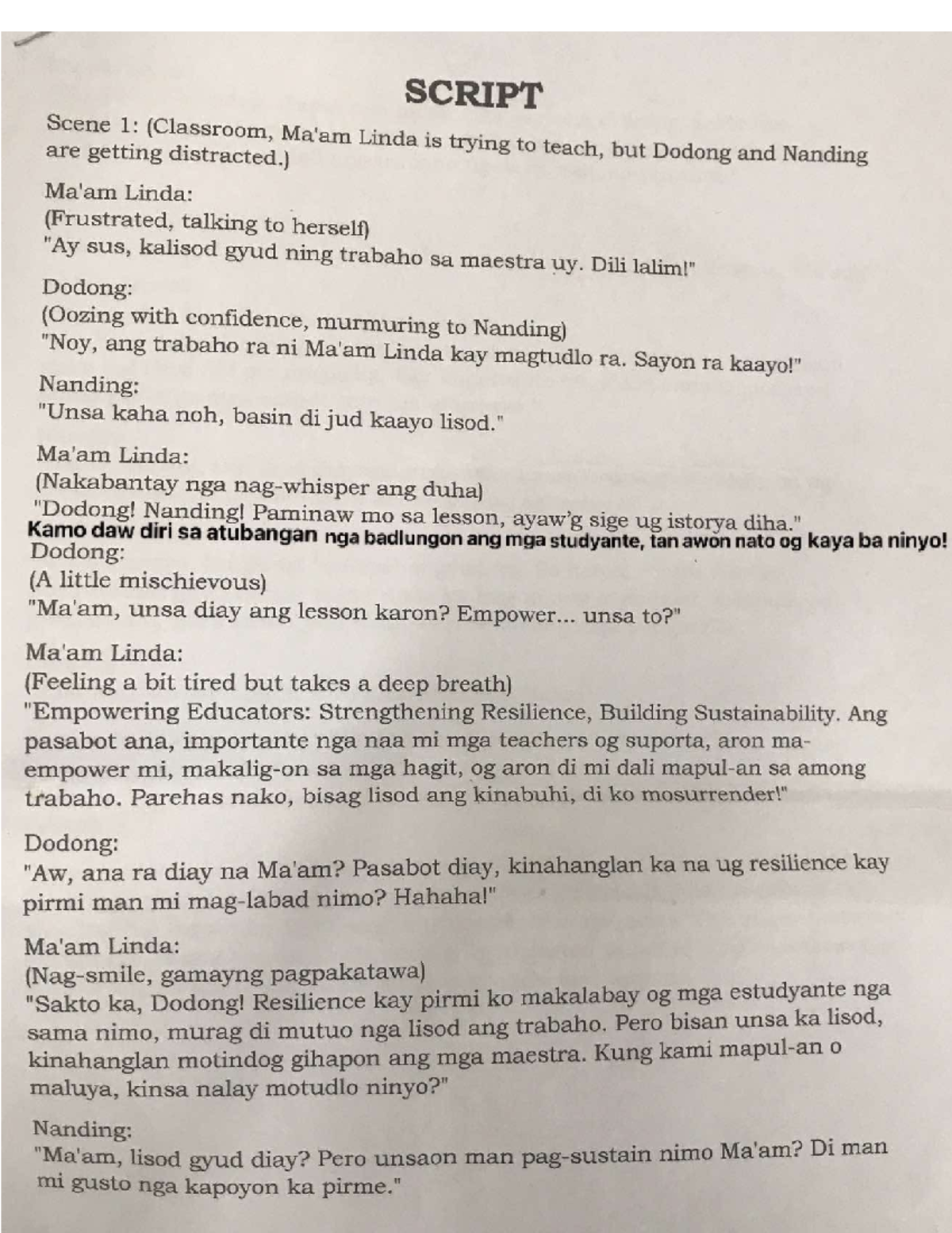 Drama Presentation Script: Scene 1 - Classroom Dynamics (SASASASAS ...