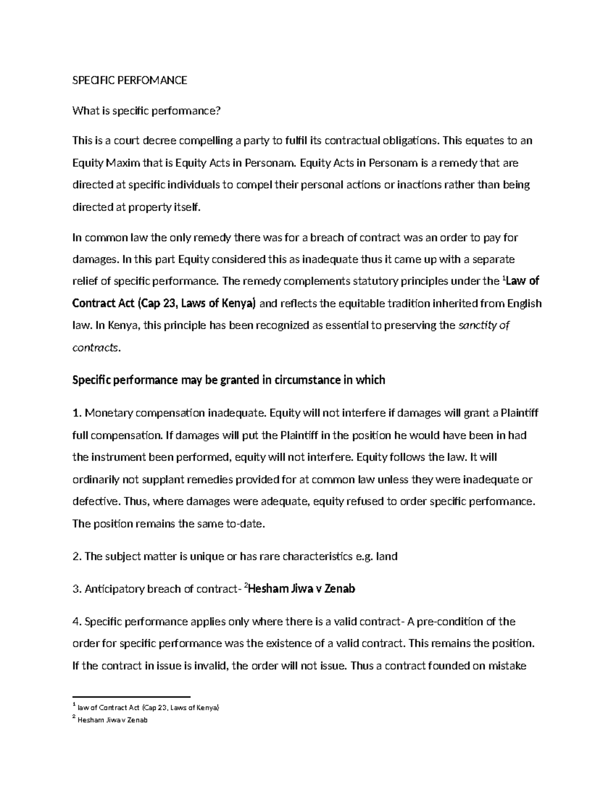 Specific Performance: Legal Principles and Conditions (Law 1) - Studocu