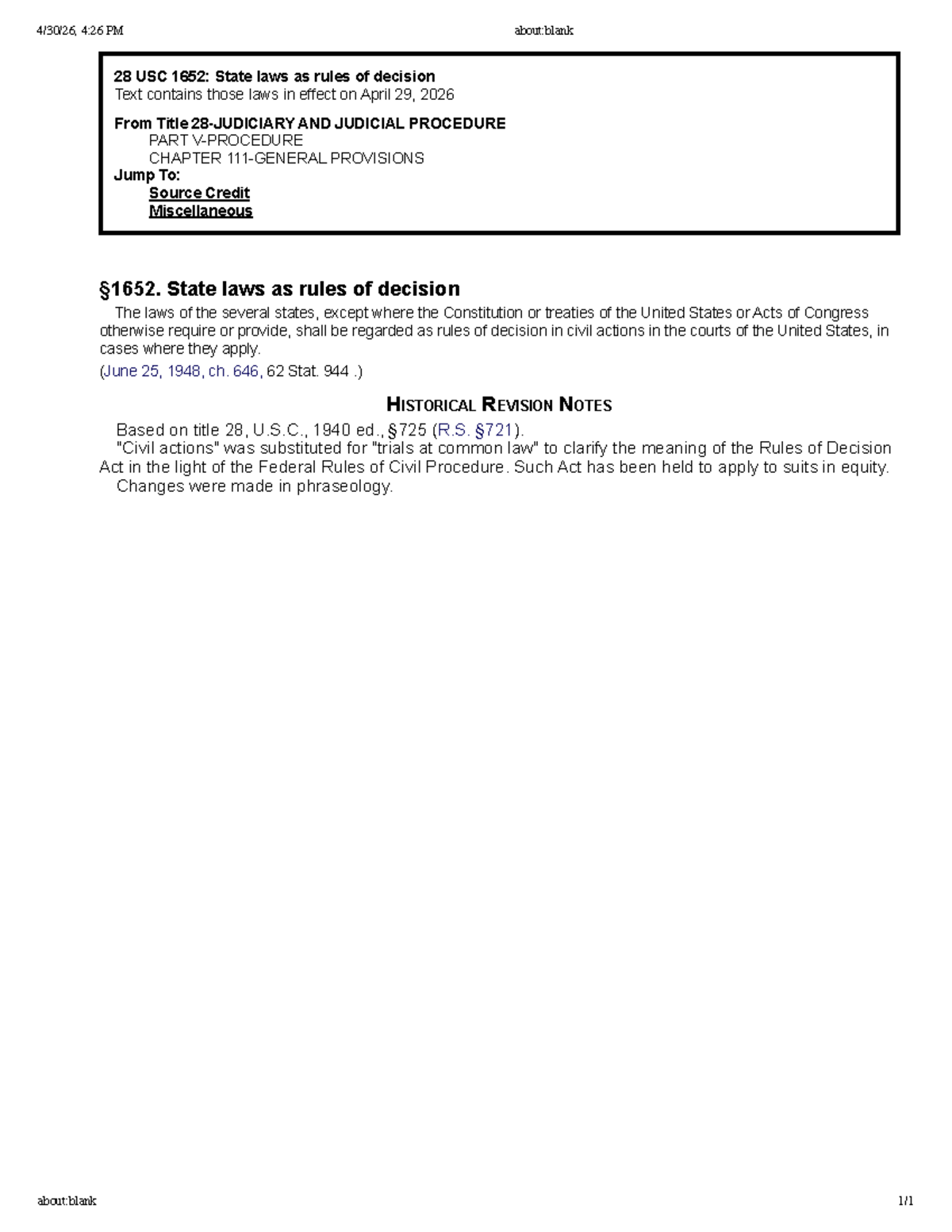 28 USC 1652: State Laws as Rules of Decision (2026 Update) - Studocu
